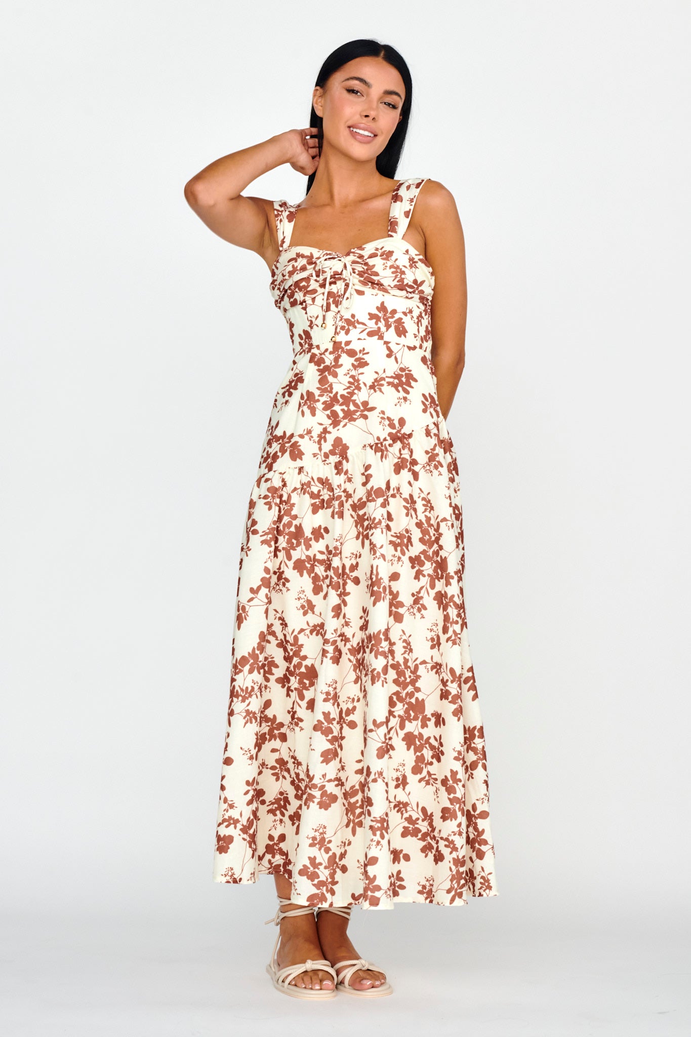 Nichola Ruched Bust Midi Dress Floral Brown-Maymioy