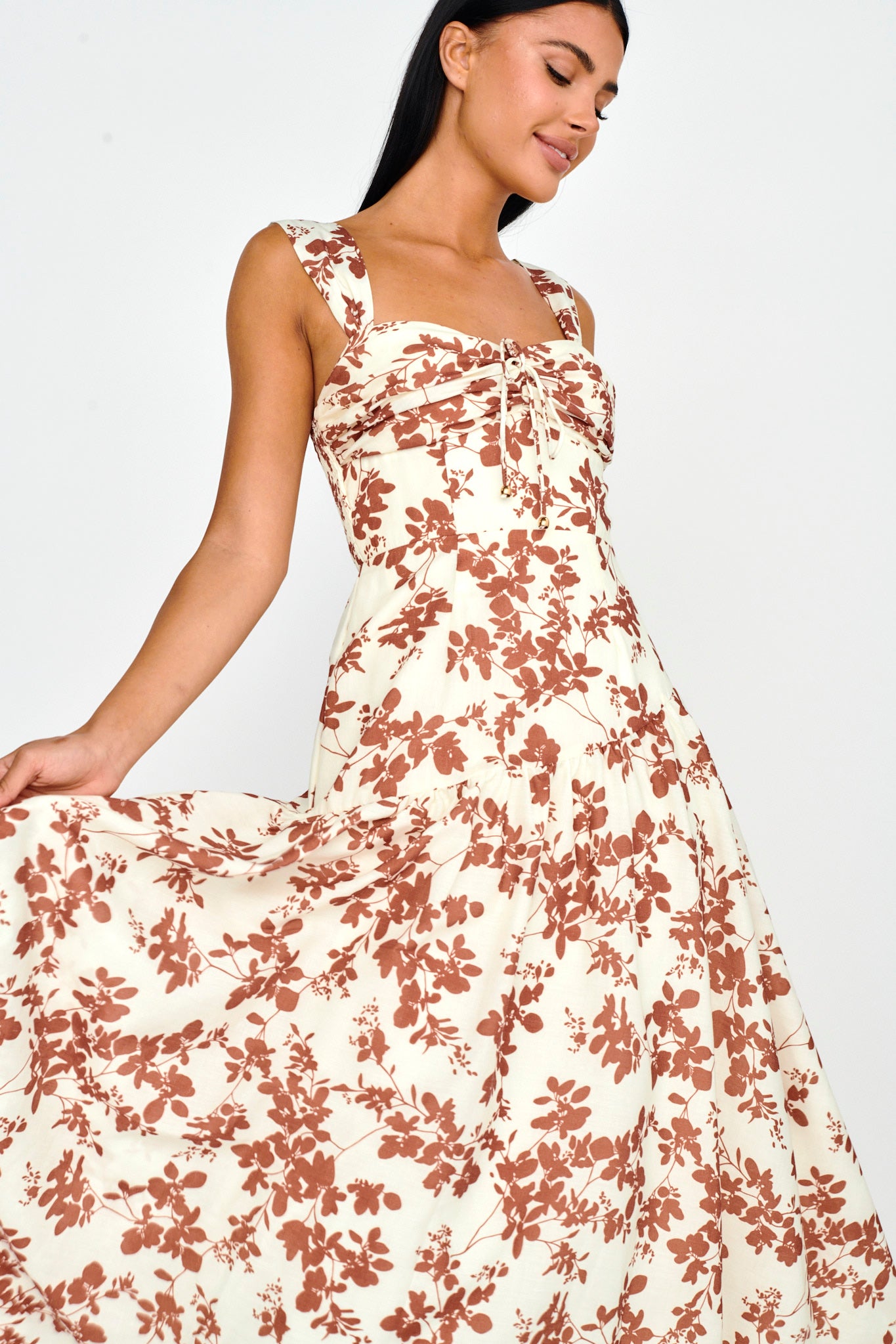 Nichola Ruched Bust Midi Dress Floral Brown-Maymioy
