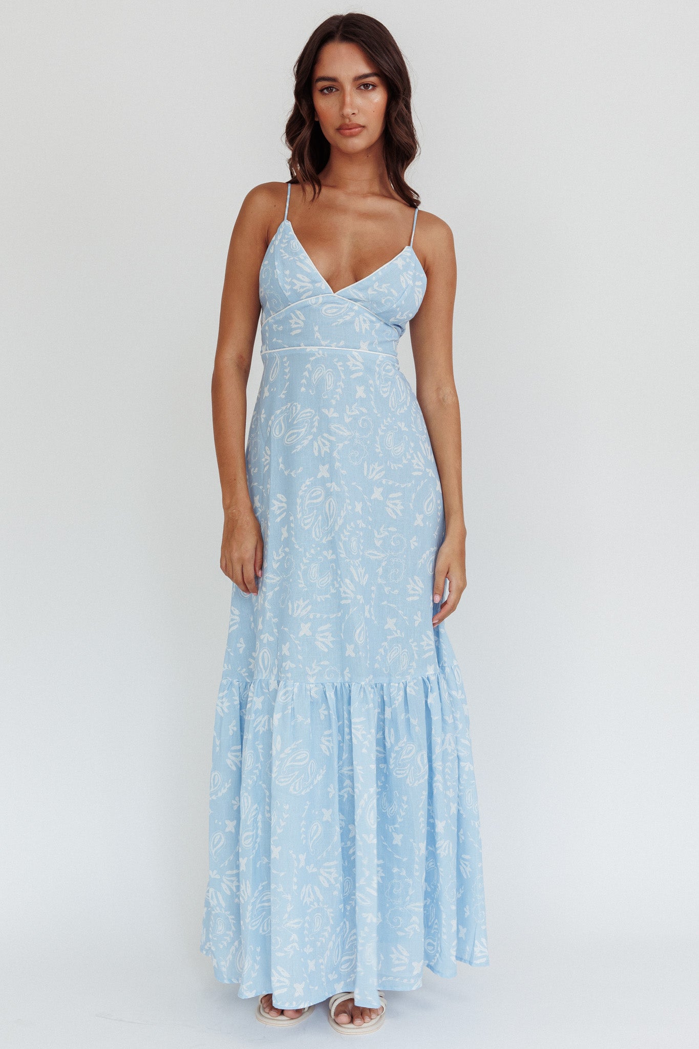 Later Days Cami Strap Maxi Dress Paisley Blue-Maymioy