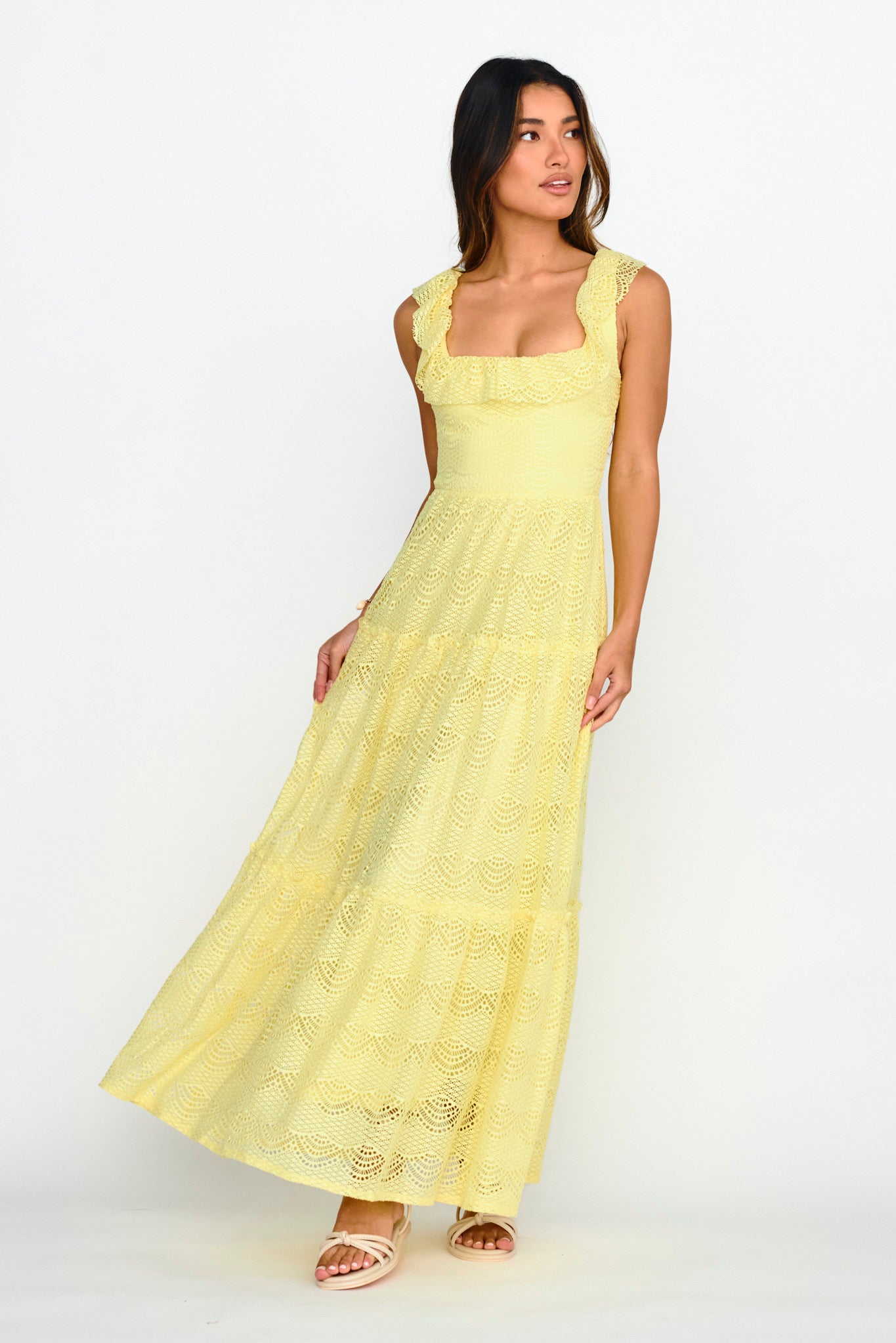 Portofino Sunset Ruffle Lace Maxi Dress Lemon-Maymioy