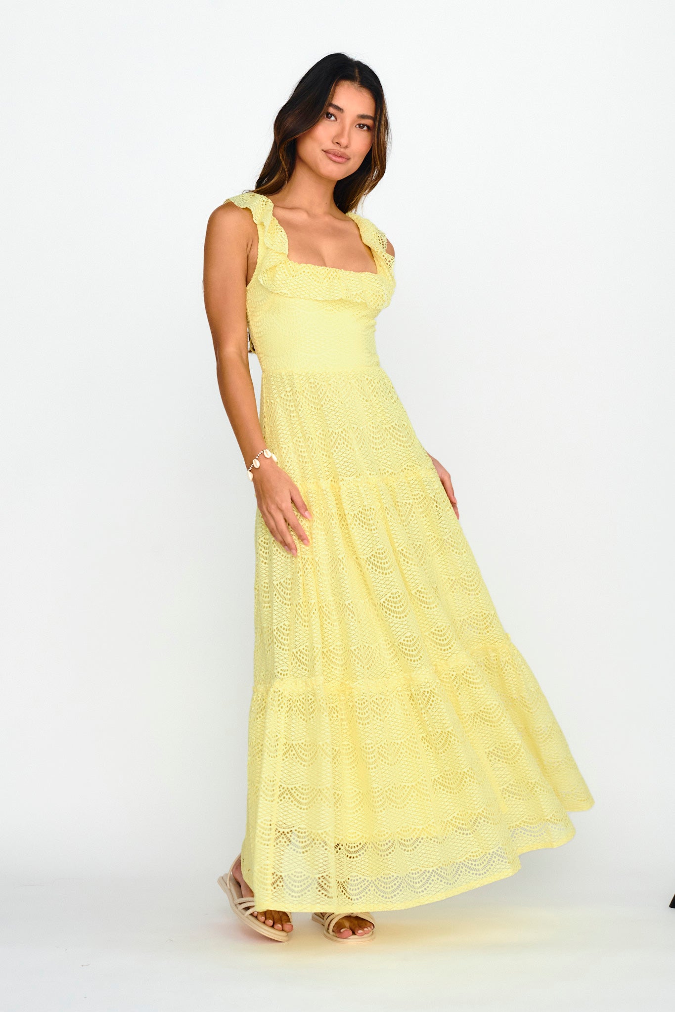 Portofino Sunset Ruffle Lace Maxi Dress Lemon-Maymioy