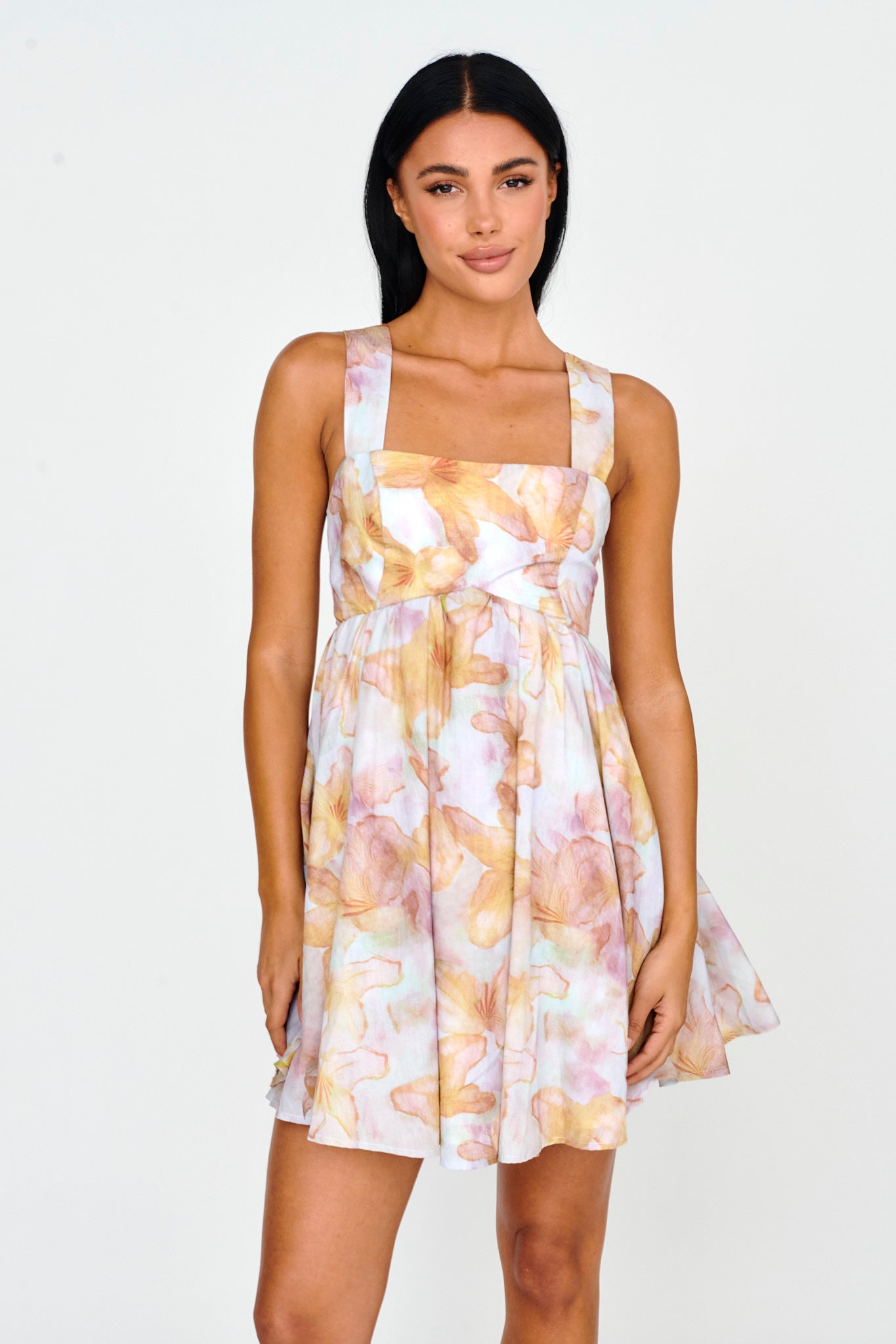 New Horizons Square Neckline Tied Mini Dress Yellow-Maymioy
