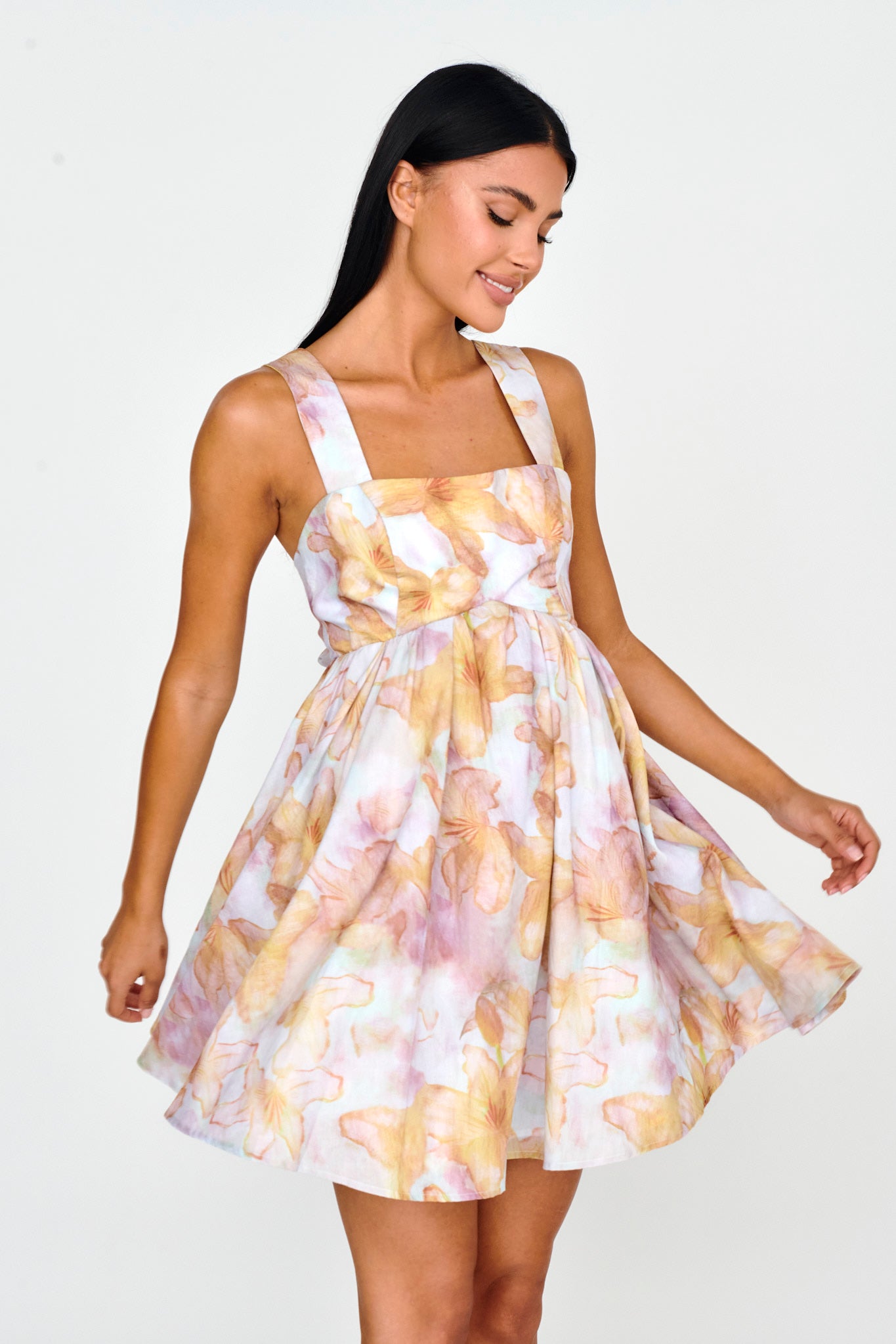 New Horizons Square Neckline Tied Mini Dress Yellow-Maymioy