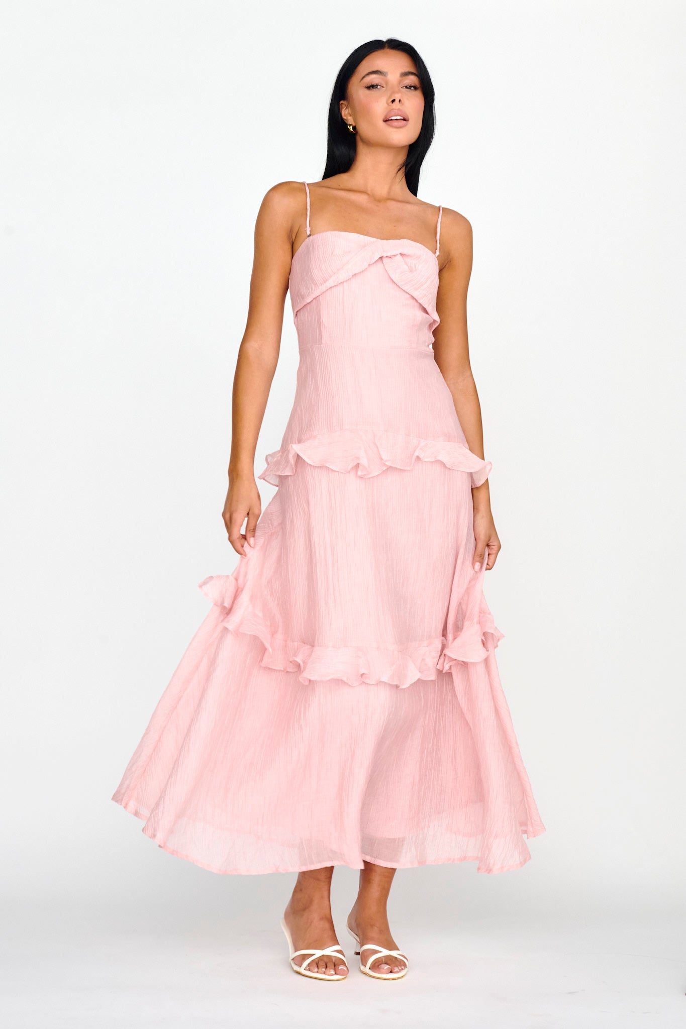 Rise & Glow Frill Trim Textured Midi Dress Blush-Maymioy