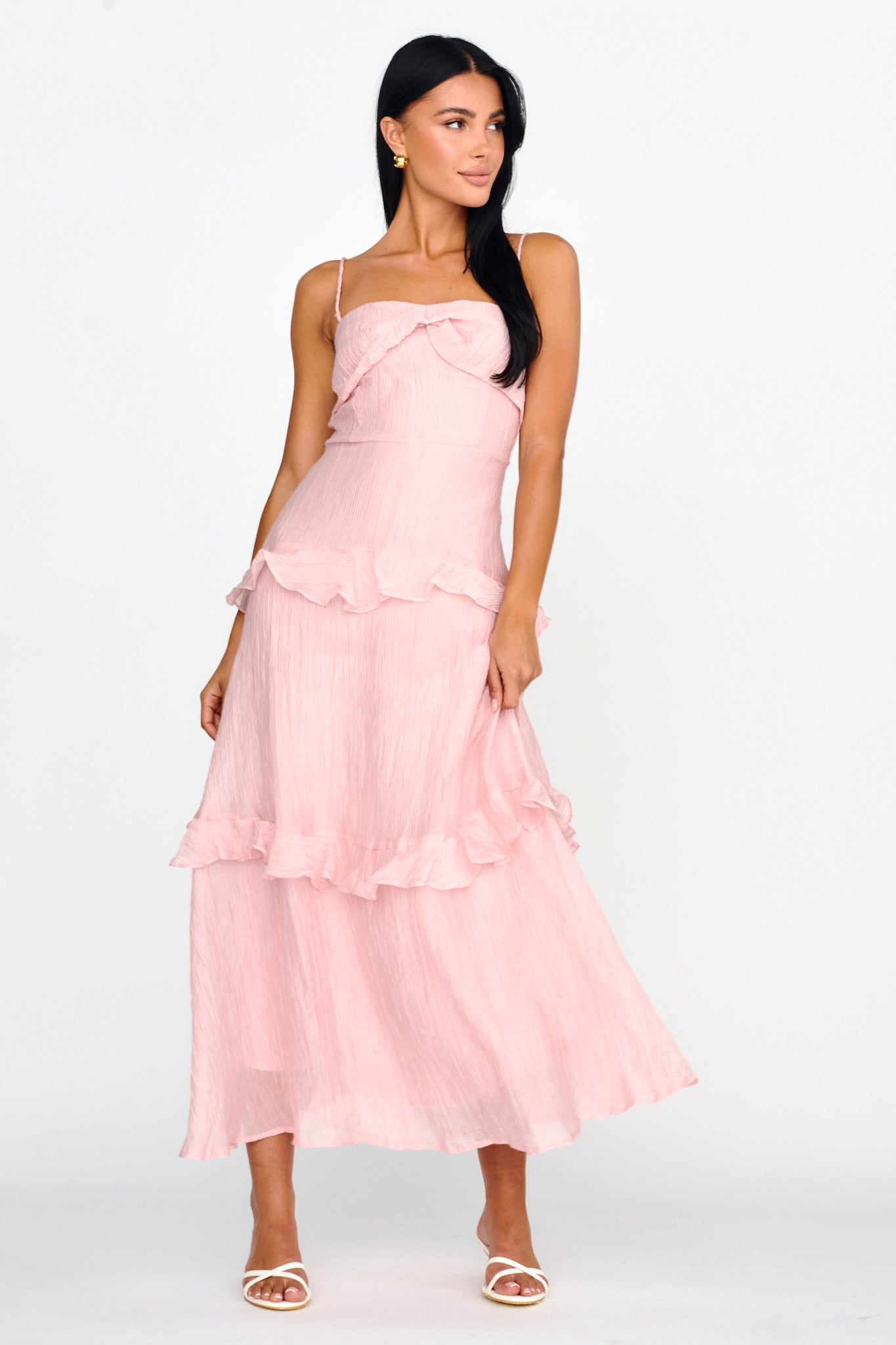 Rise & Glow Frill Trim Textured Midi Dress Blush-Maymioy