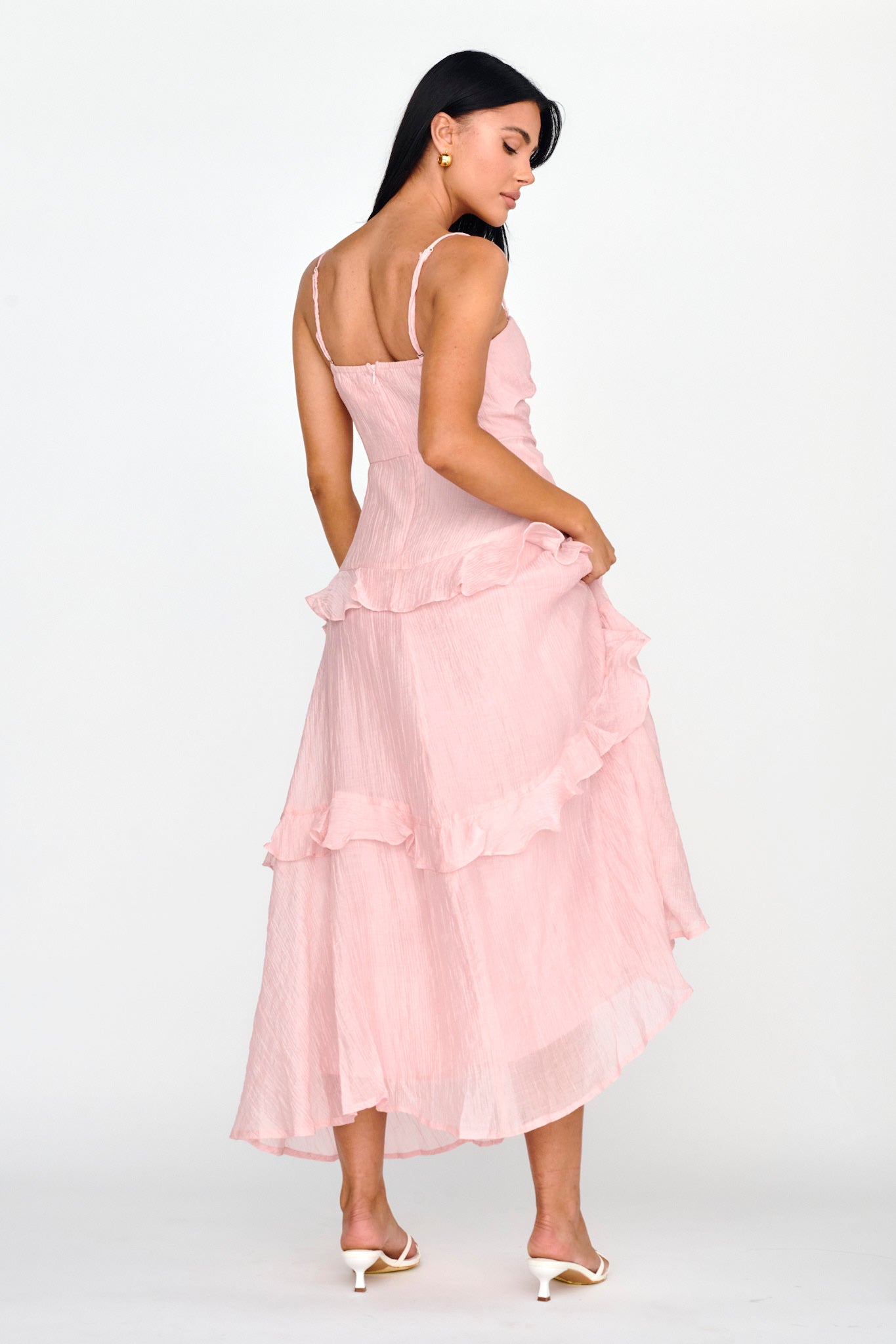 Rise & Glow Frill Trim Textured Midi Dress Blush-Maymioy