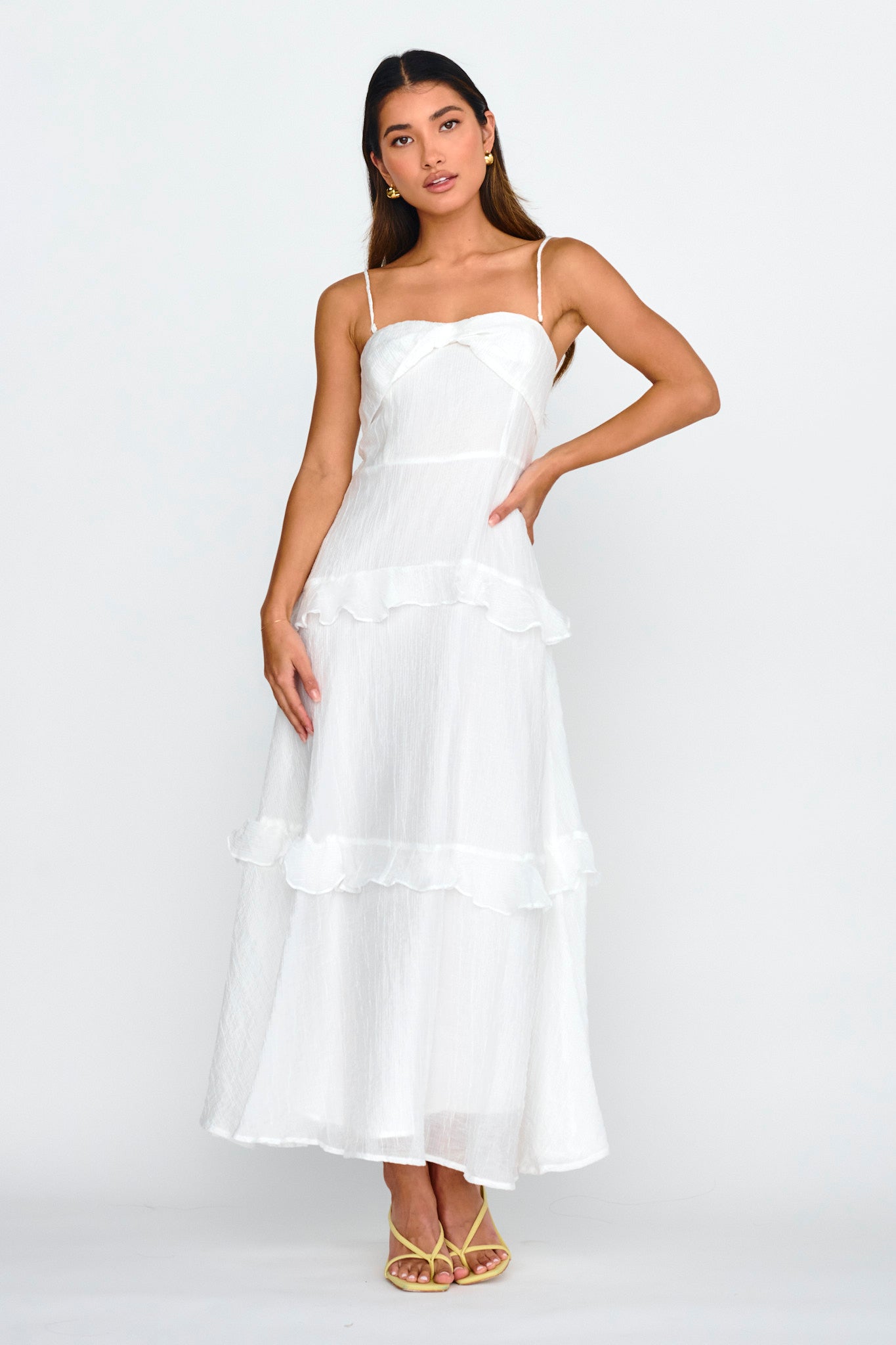 Rise & Glow Frill Trim Textured Midi Dress White-Maymioy