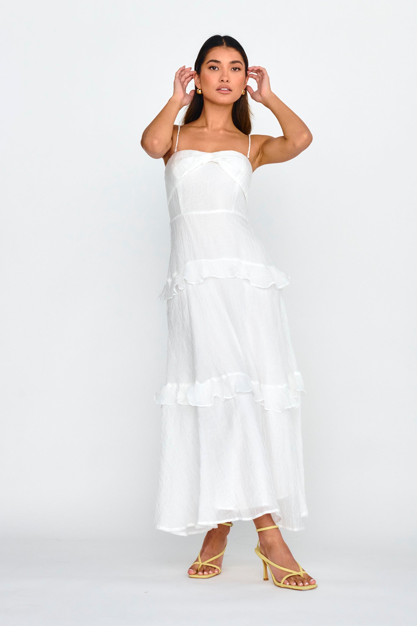 Rise & Glow Frill Trim Textured Midi Dress White-Maymioy