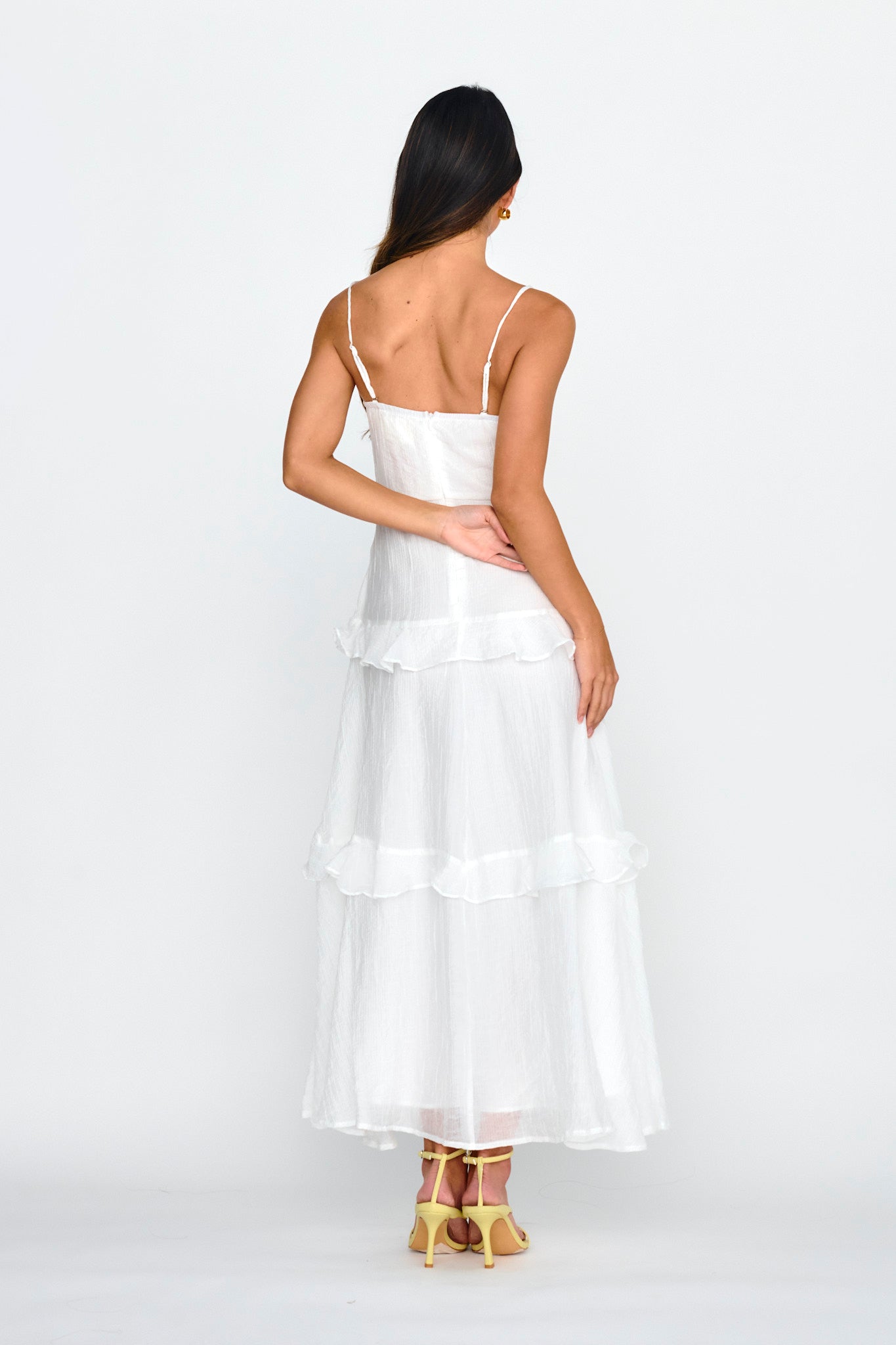 Rise & Glow Frill Trim Textured Midi Dress White-Maymioy