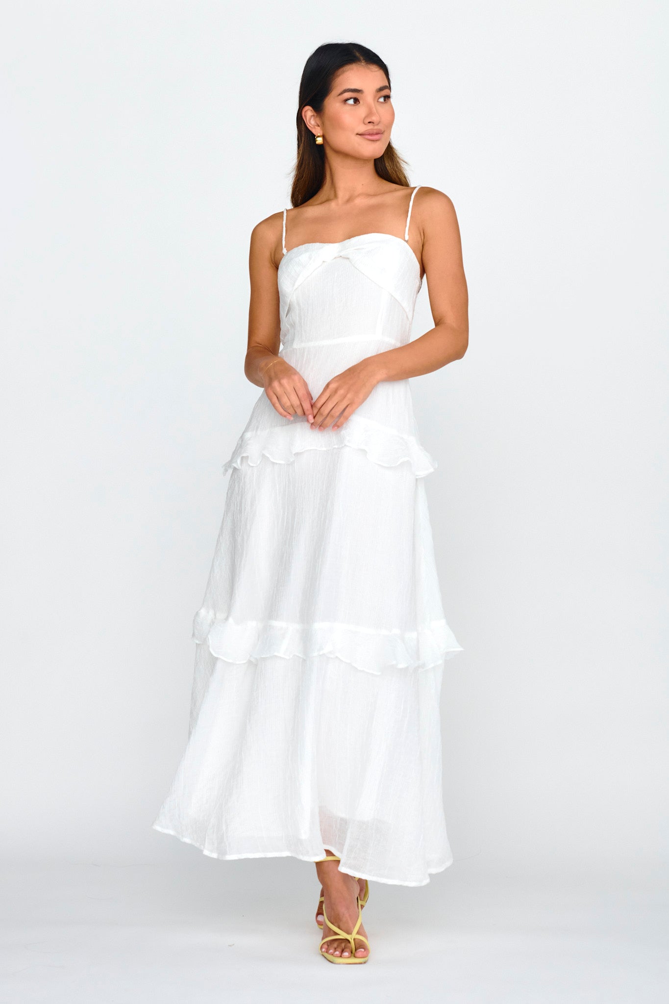 Rise & Glow Frill Trim Textured Midi Dress White-Maymioy