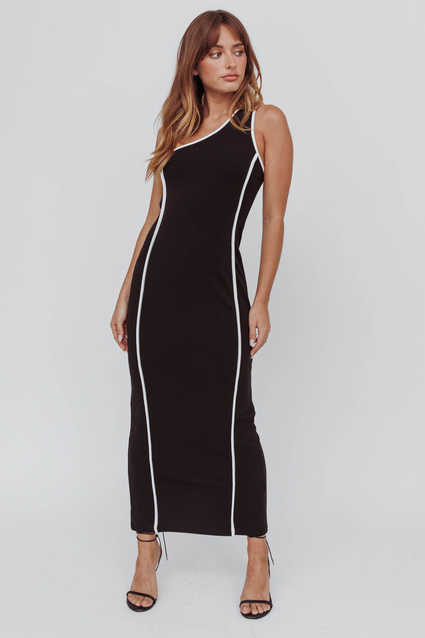 Ivanka One Shoulder Contrast Piping Dress Black-Maymioy