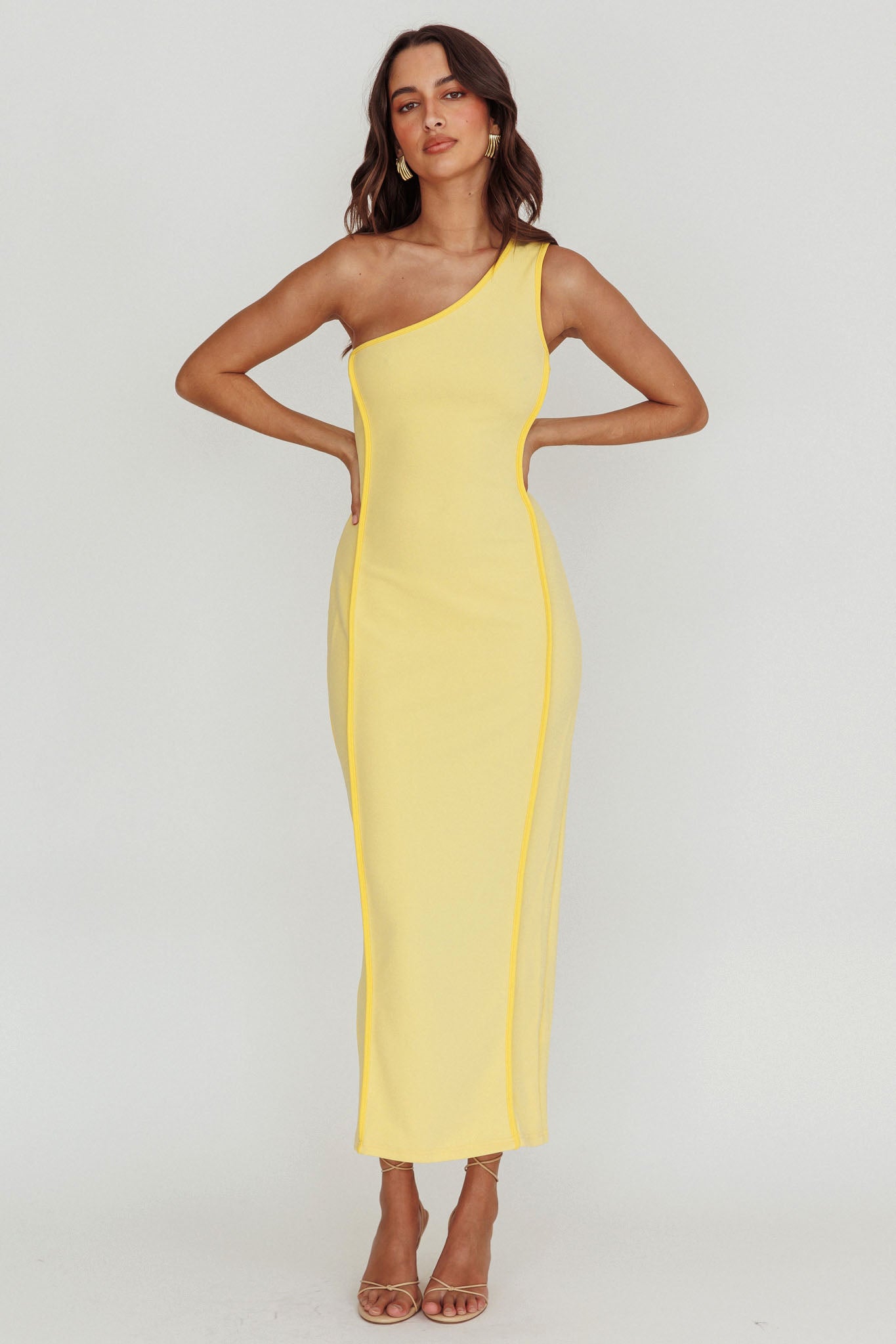 Ivanka One Shoulder Piping Dress Yellow-Maymioy