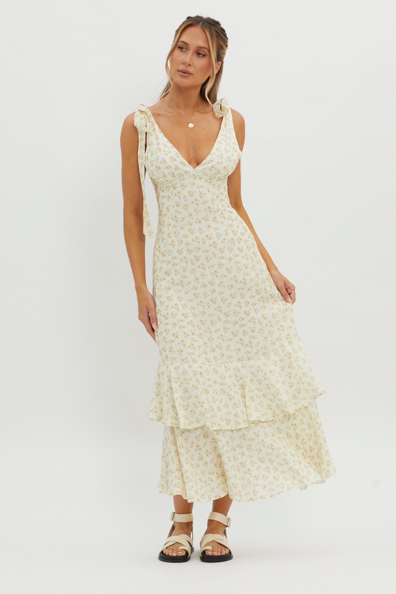 Manhattan Summer Tied Shoulder Maxi Dress Yellow-Maymioy