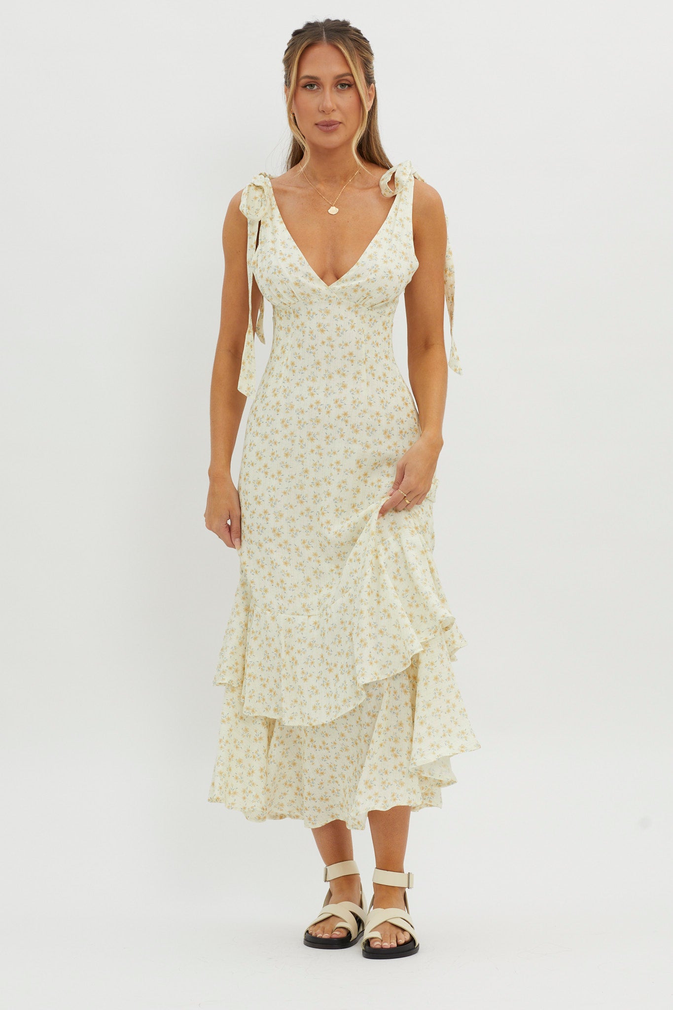 Manhattan Summer Tied Shoulder Maxi Dress Yellow-Maymioy