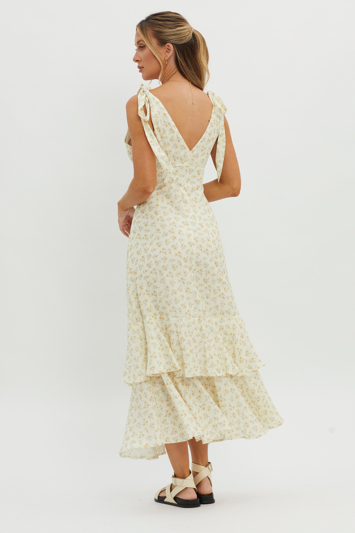 Manhattan Summer Tied Shoulder Maxi Dress Yellow-Maymioy