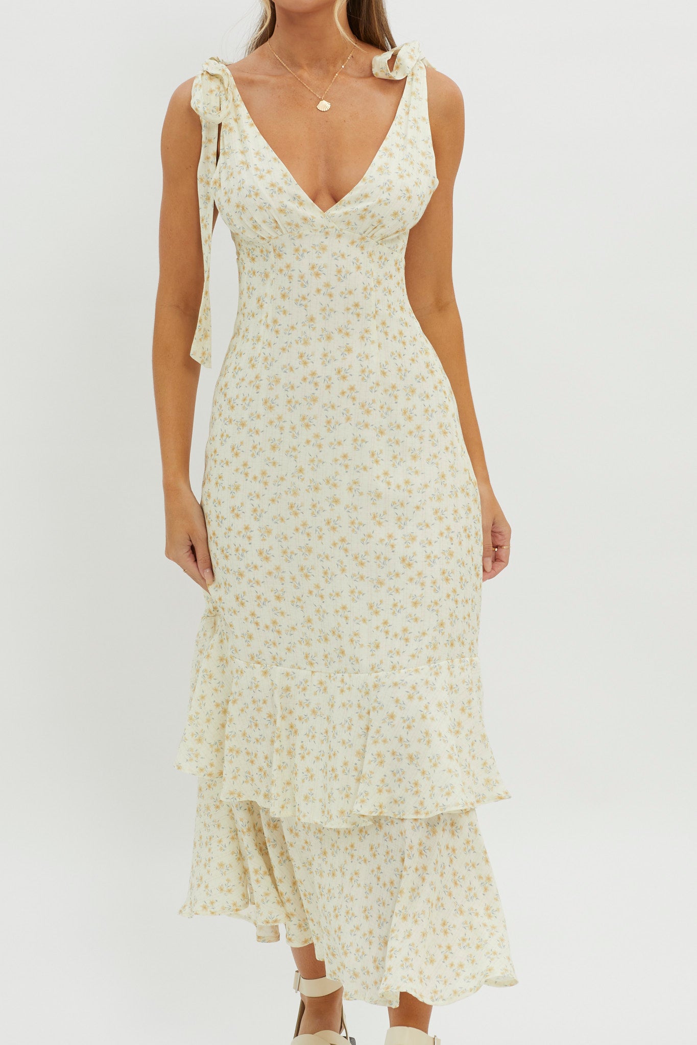 Manhattan Summer Tied Shoulder Maxi Dress Yellow-Maymioy