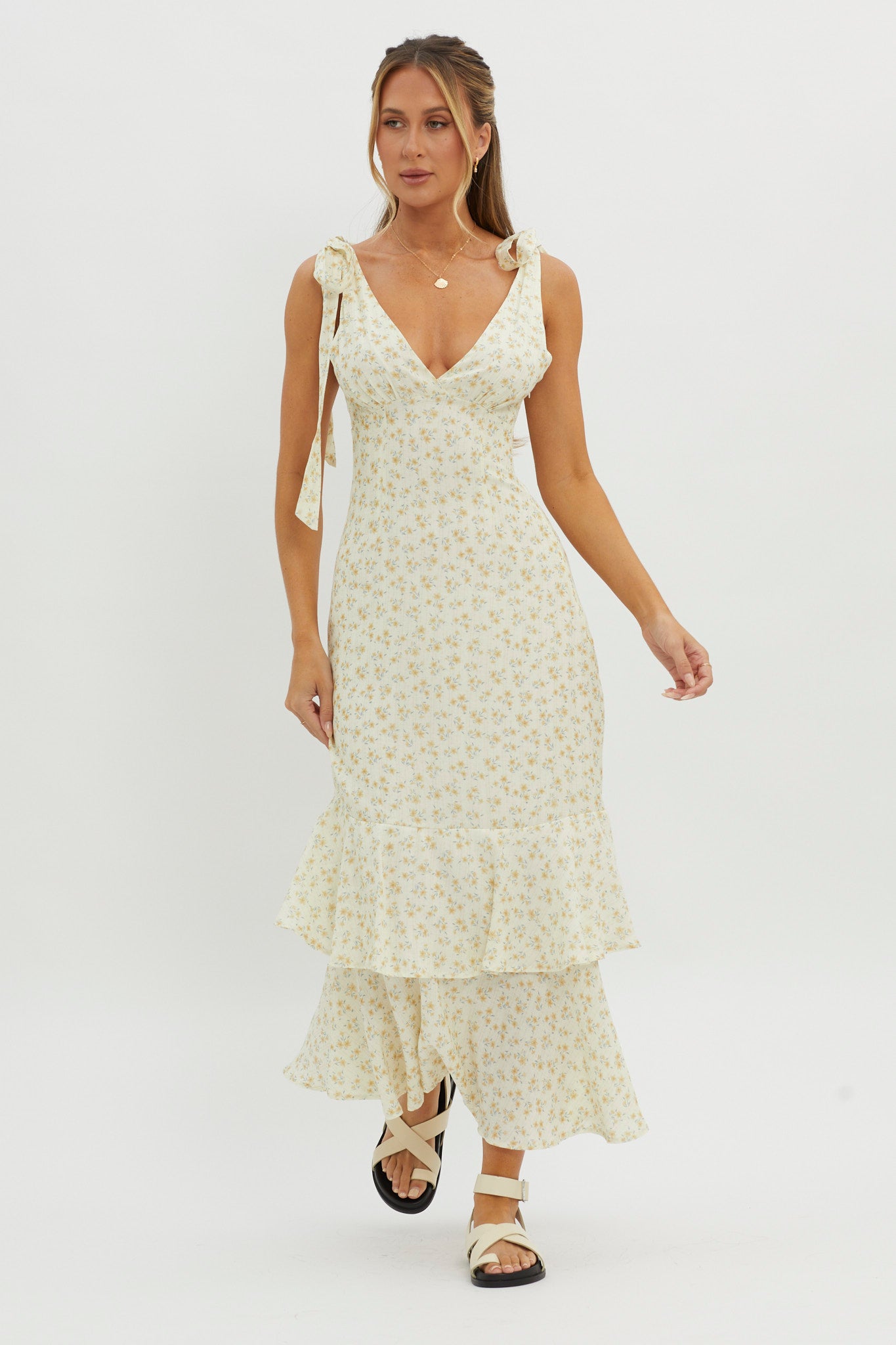 Manhattan Summer Tied Shoulder Maxi Dress Yellow-Maymioy