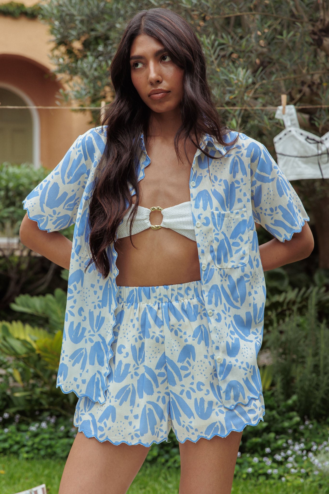 Swing Of Things Scalloped Elastic Waist Shorts Print Blue-Maymioy