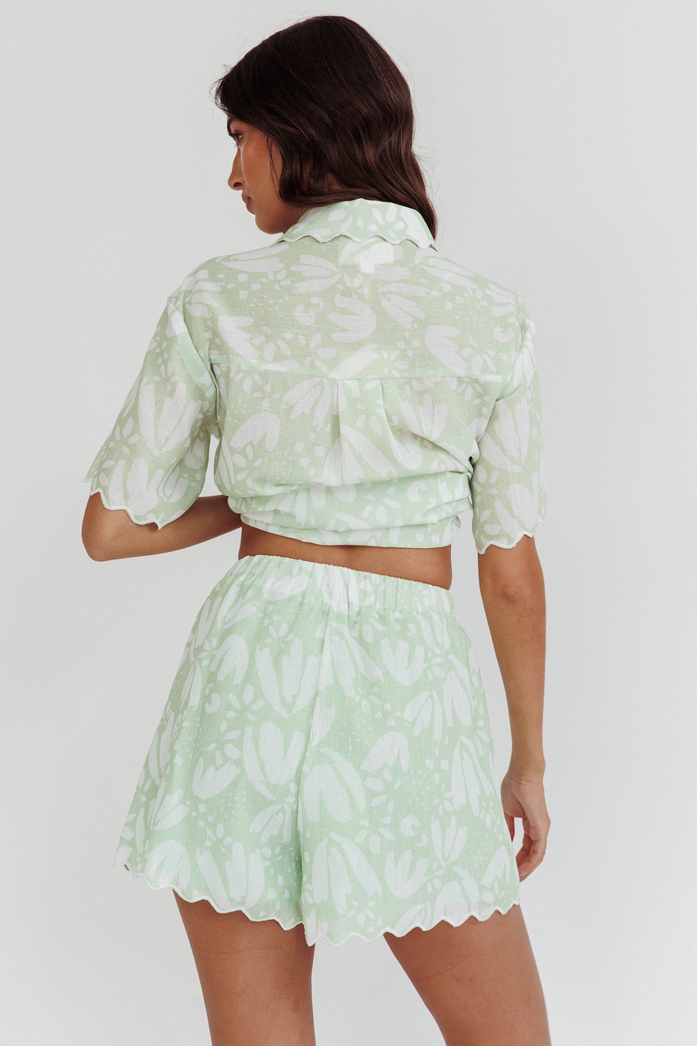 Swing Of Things Scalloped Elastic Waist Shorts Print Sage-Maymioy