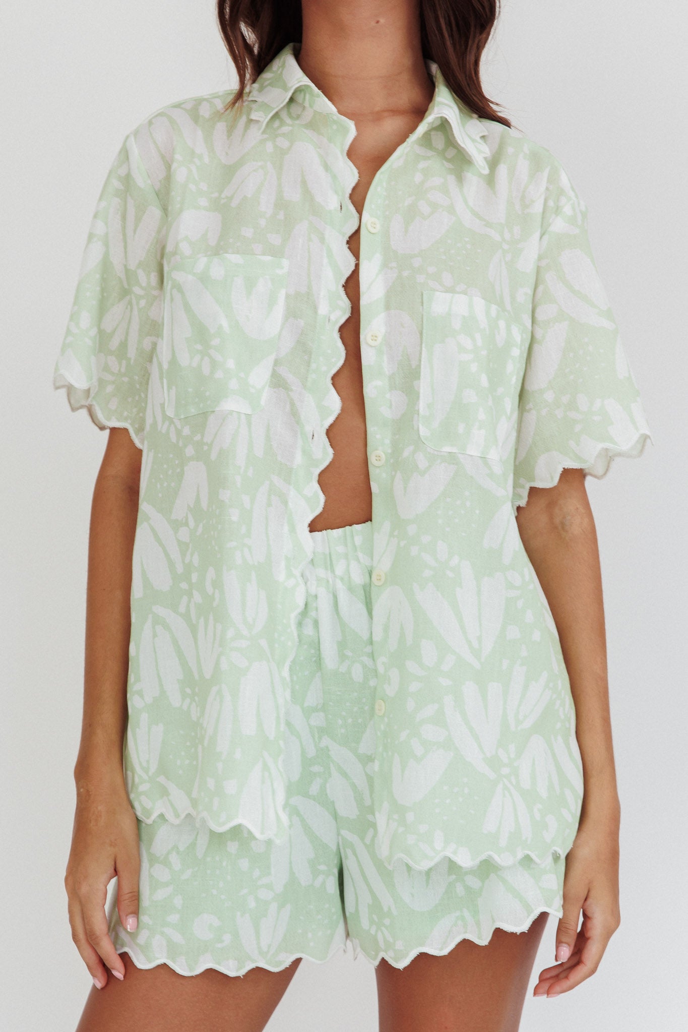 Swing Of Things Scalloped Edge Shirt Print Sage-Maymioy