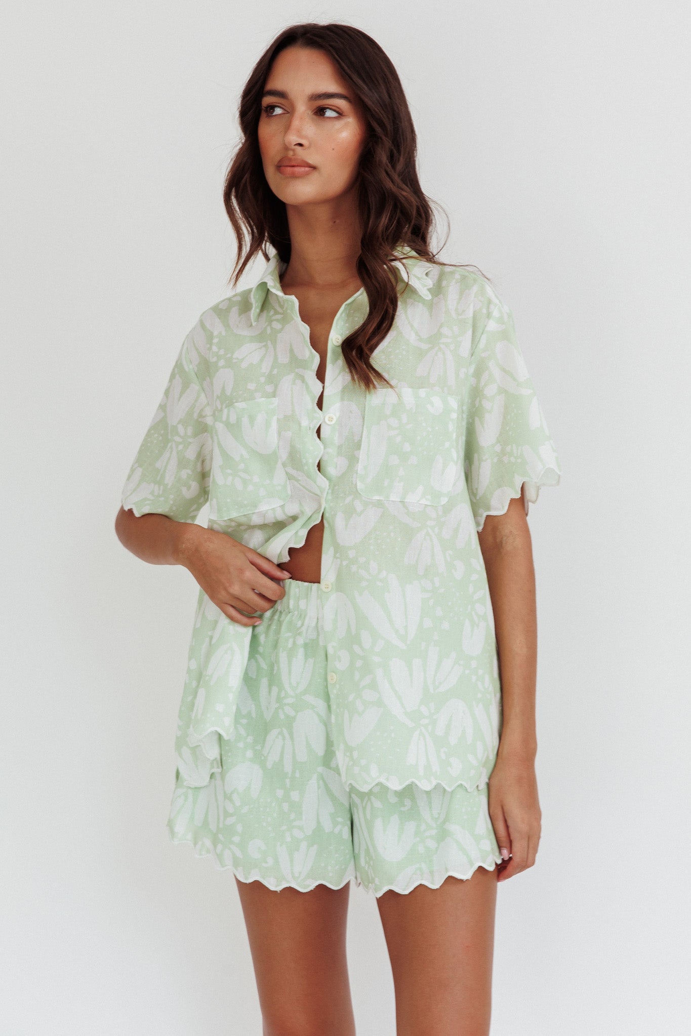 Swing Of Things Scalloped Edge Shirt Print Sage-Maymioy