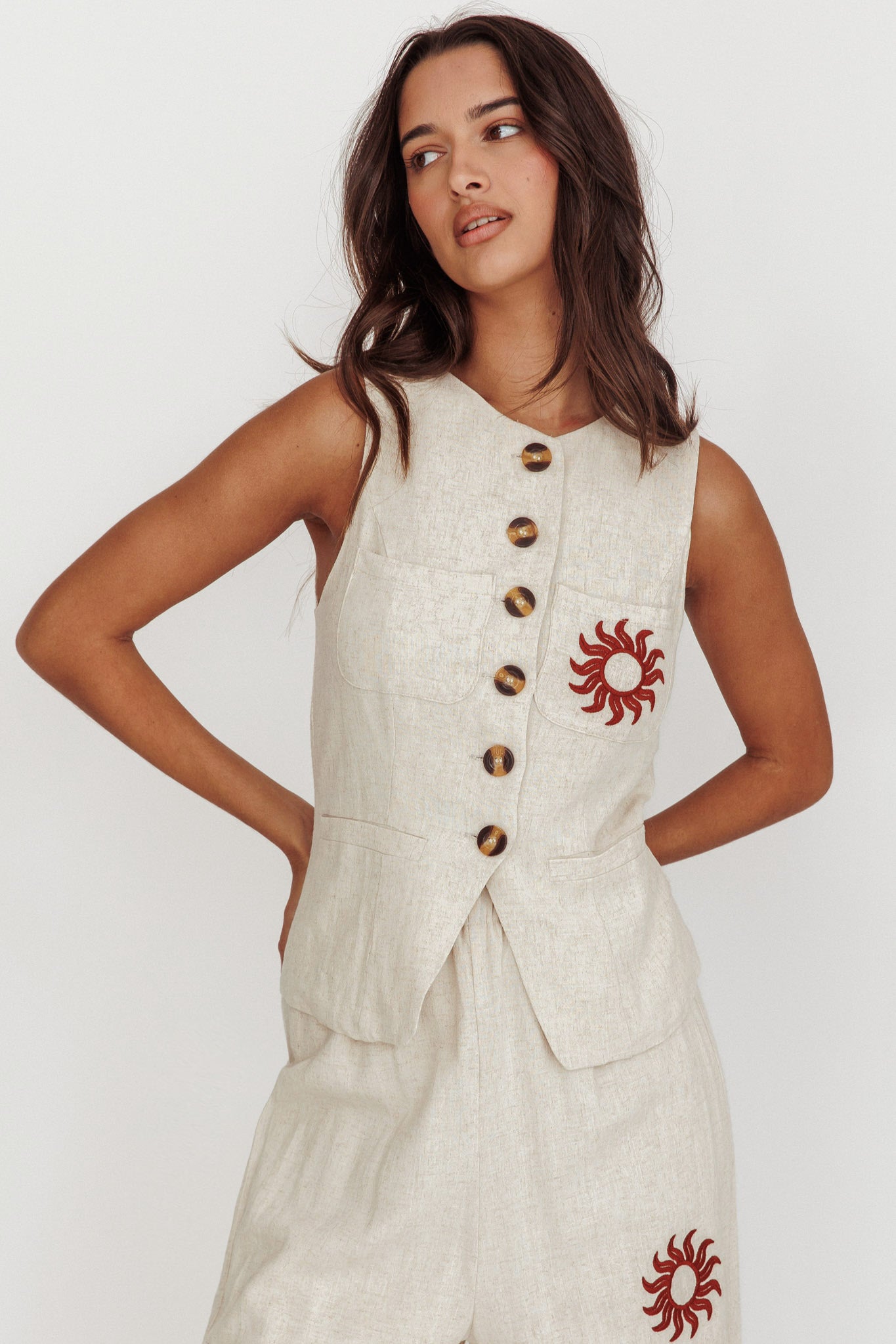 Swing Of Things Sun Sleeveless Buttoned Vest Oat-Maymioy