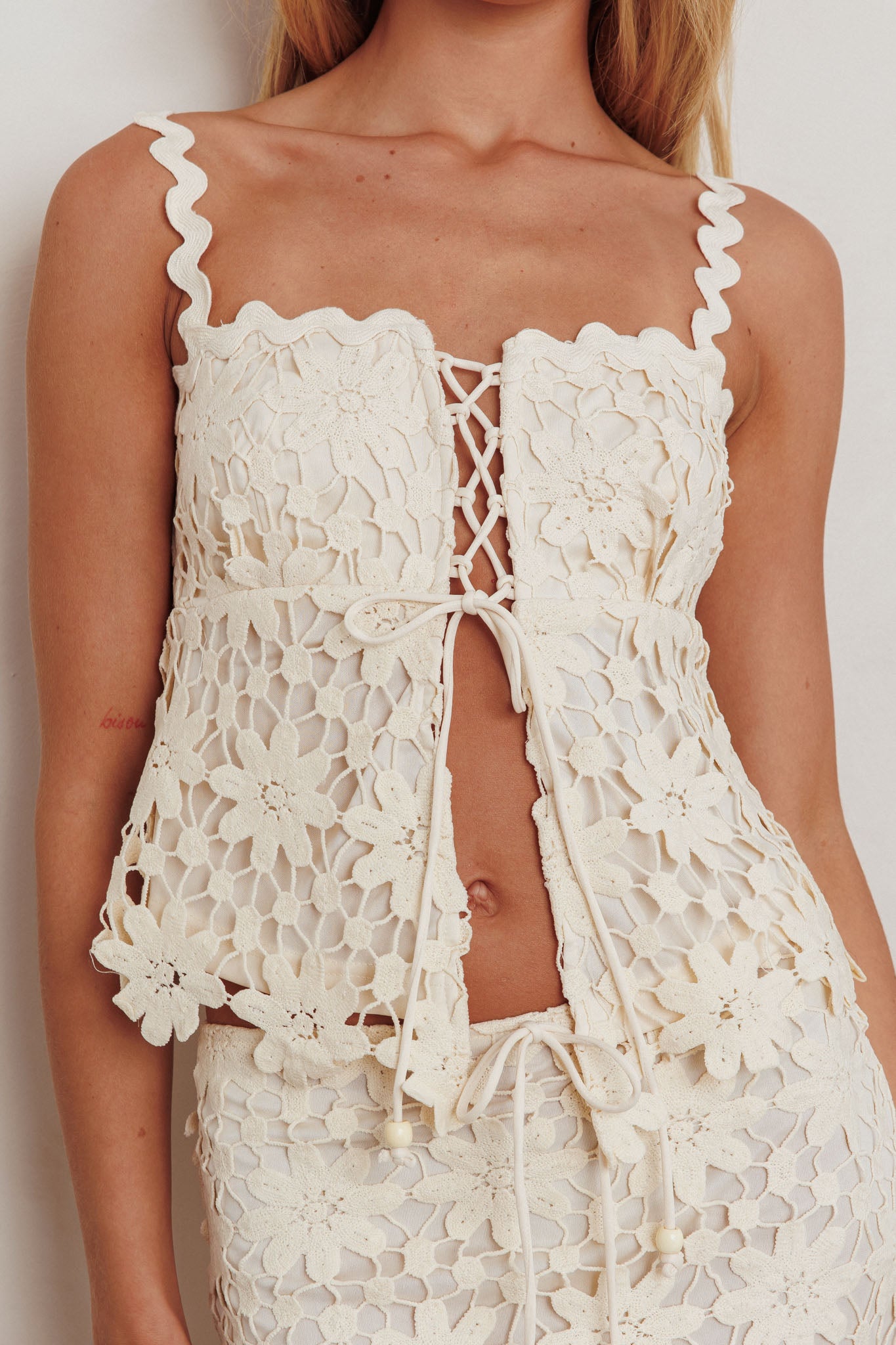 Sun Days Laced Bust Top Crochet Sand-Maymioy
