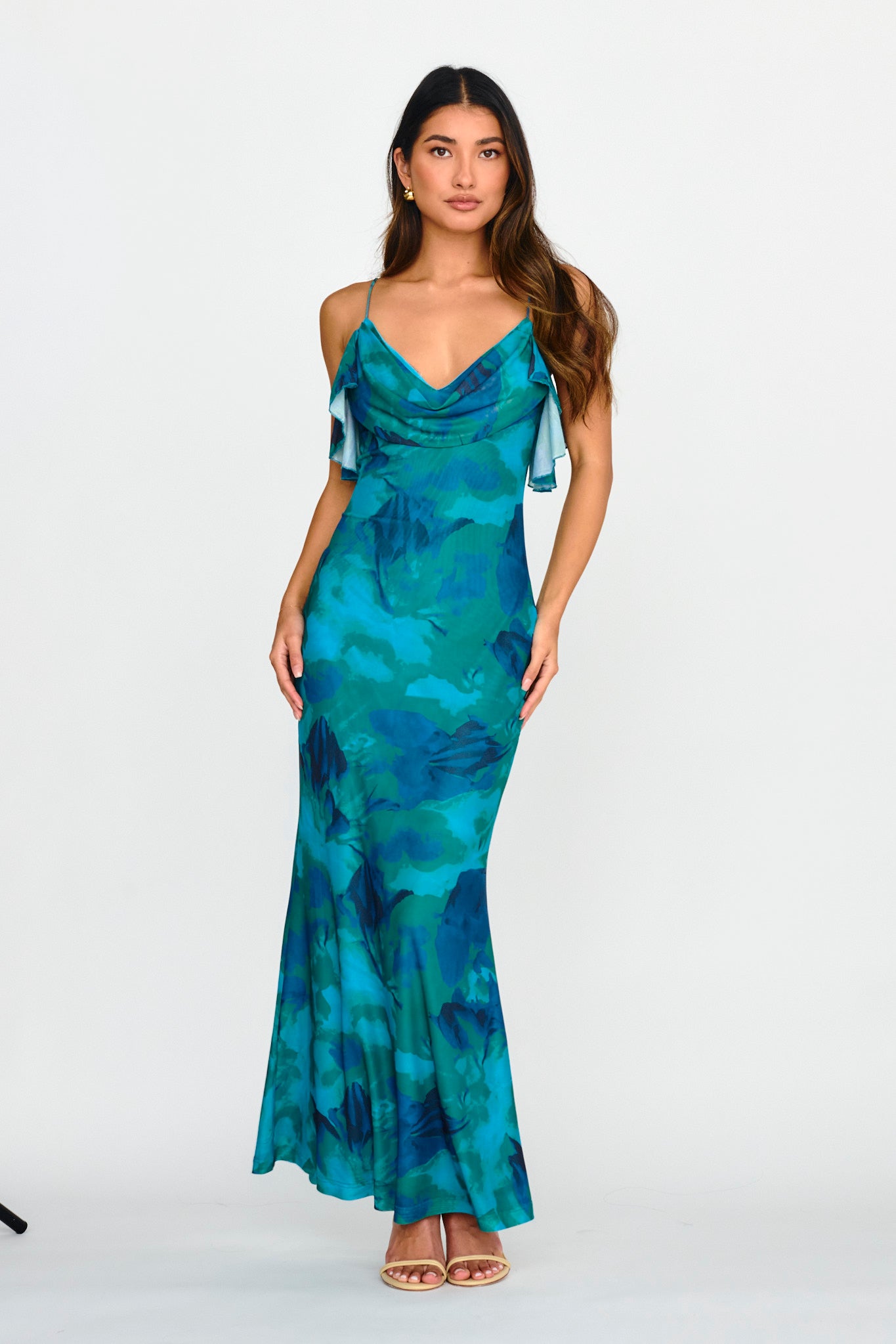 Jannie Draped Neckline Cami Dress Abstract Green-Maymioy