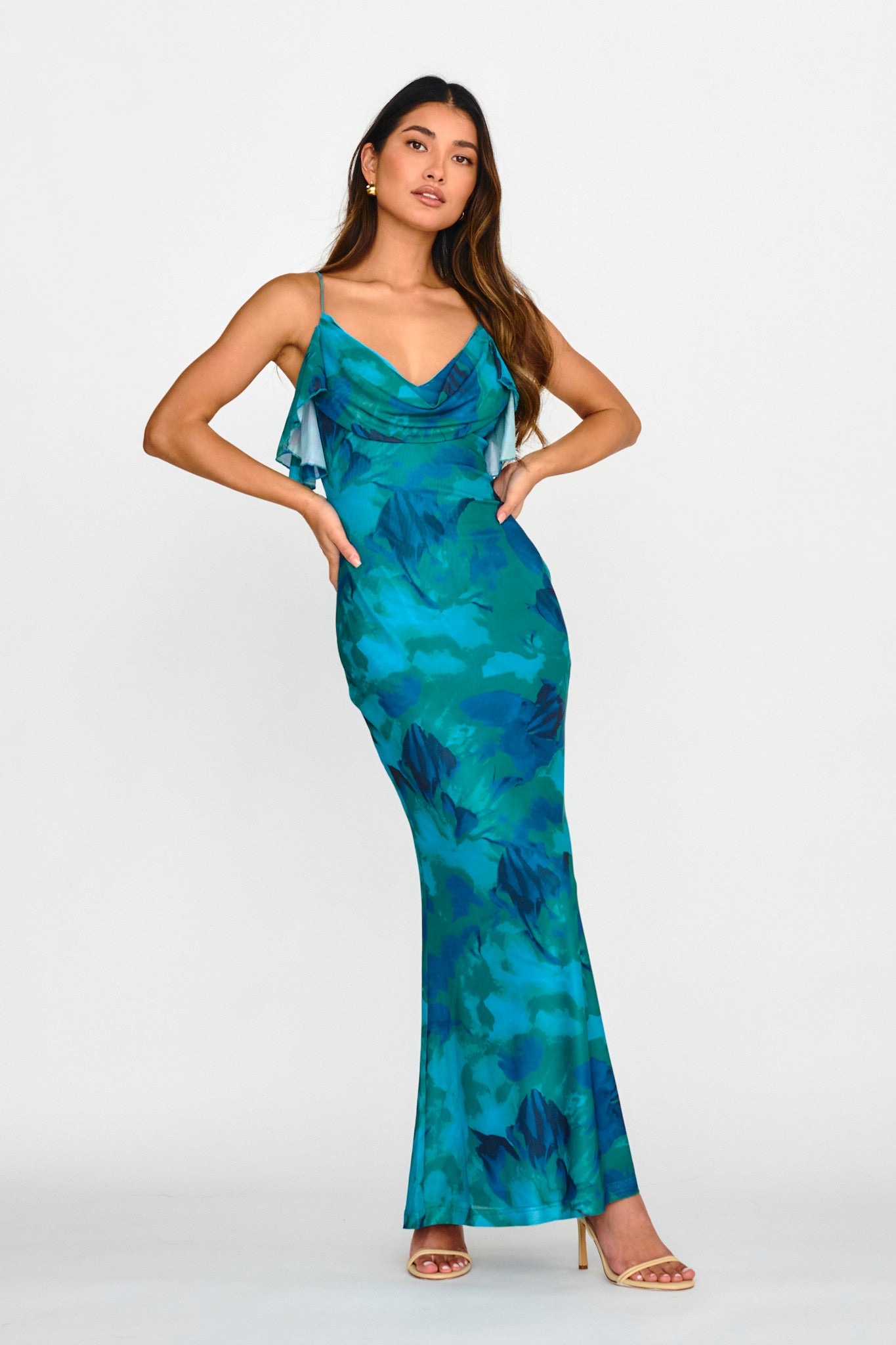 Jannie Draped Neckline Cami Dress Abstract Green-Maymioy
