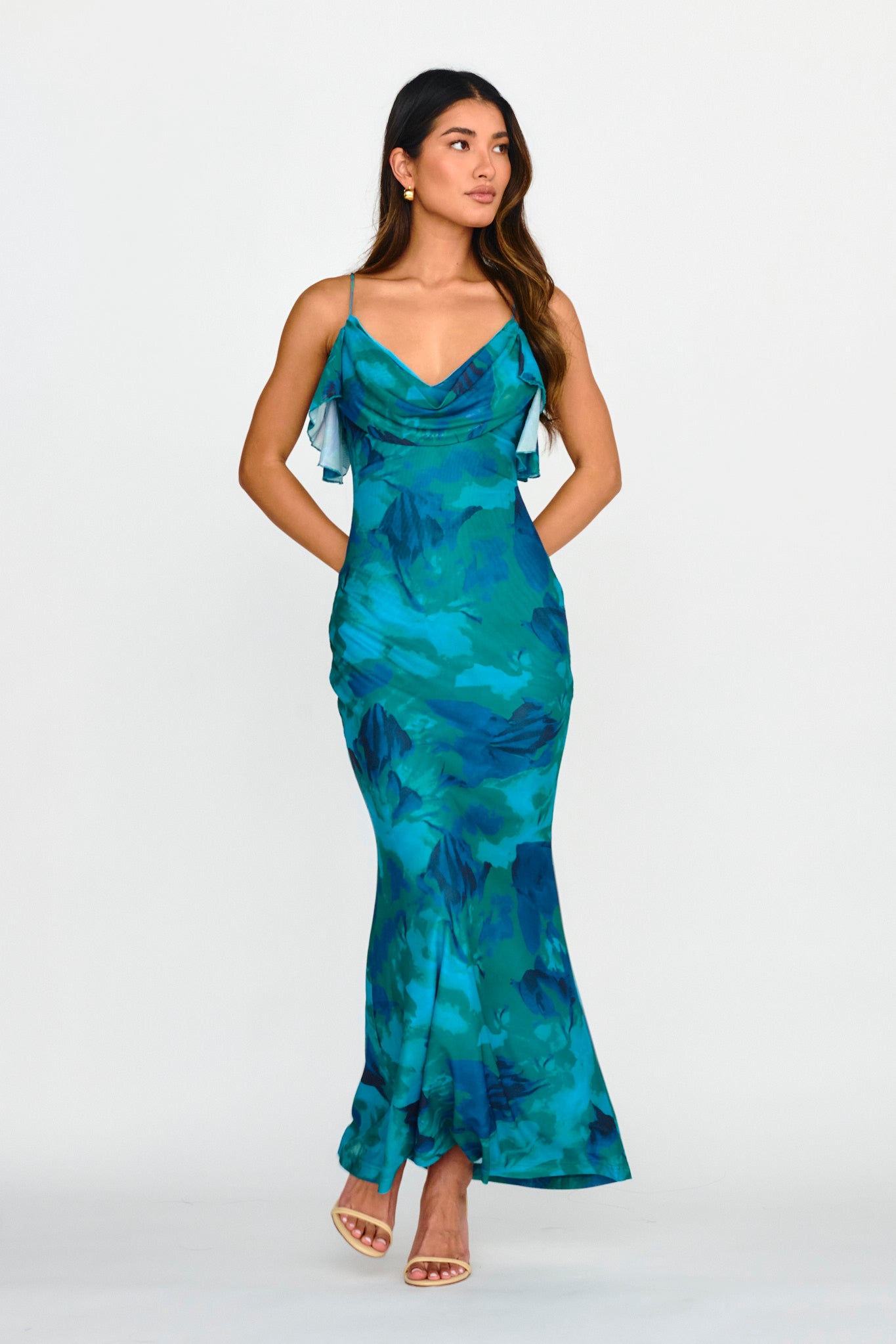 Jannie Draped Neckline Cami Dress Abstract Green-Maymioy