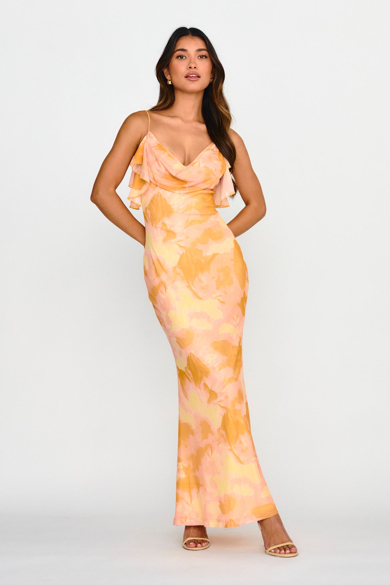 Jannie Draped Neckline Cami Dress Abstract Yellow-Maymioy