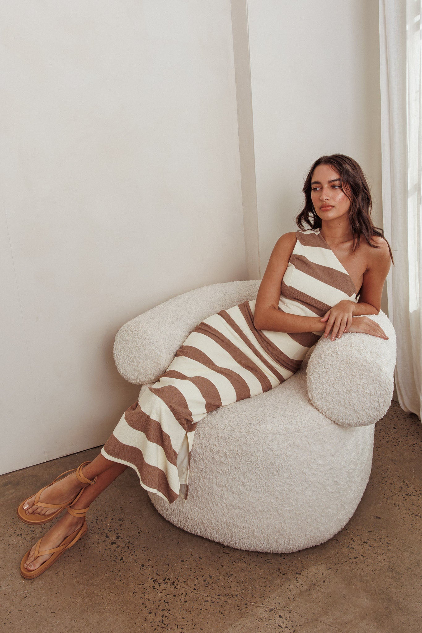 Gracey Striped One Shoulder Maxi Dress Beige/White-Maymioy