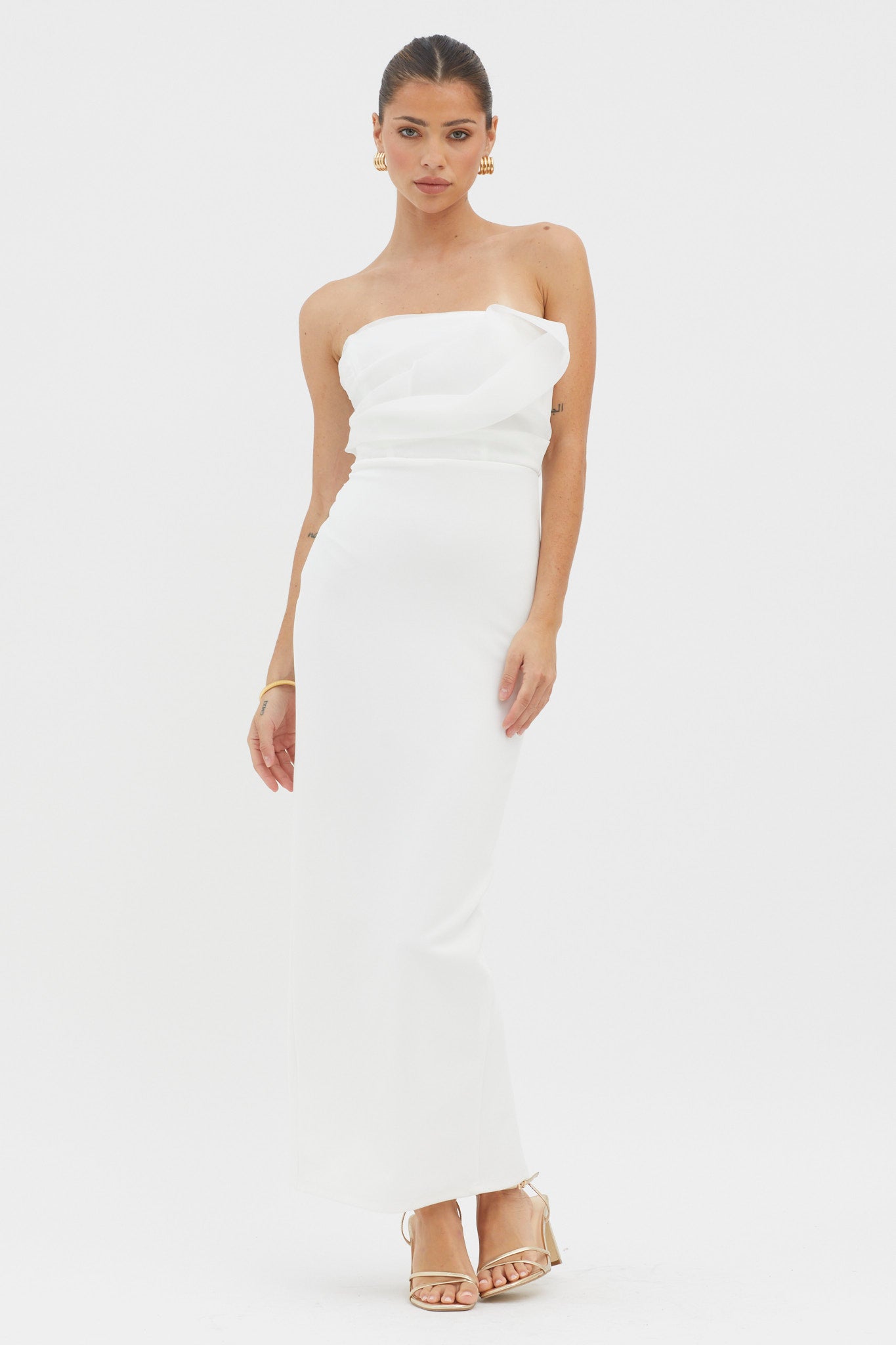 Karaline Strapless Bust Accent Maxi Dress White-Maymioy