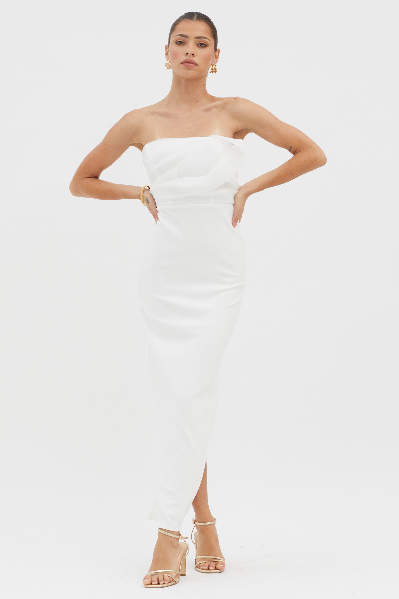 Karaline Strapless Bust Accent Maxi Dress White-Maymioy