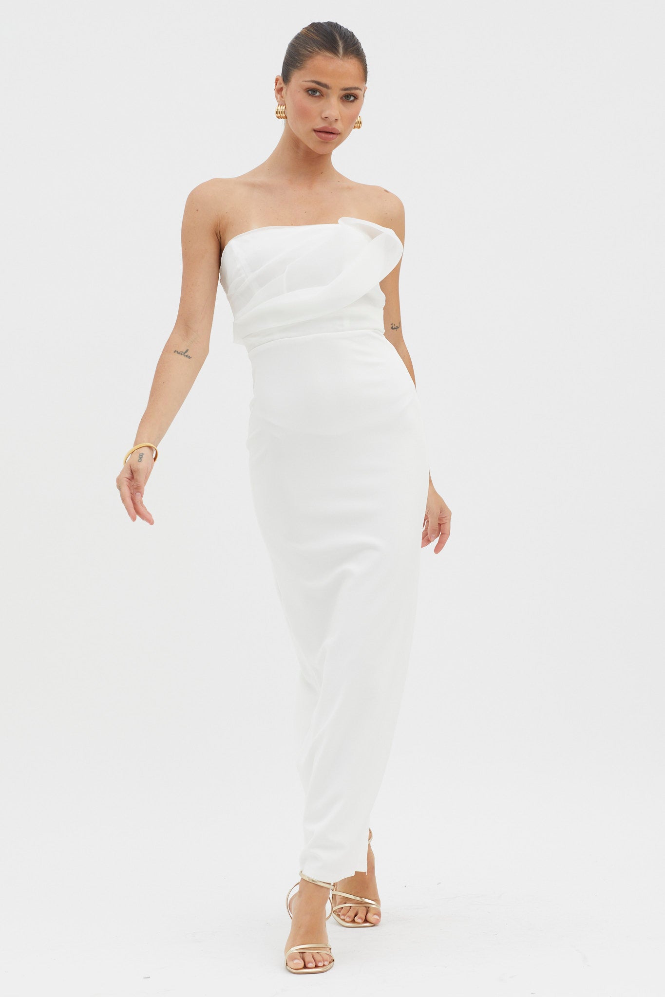 Karaline Strapless Bust Accent Maxi Dress White-Maymioy
