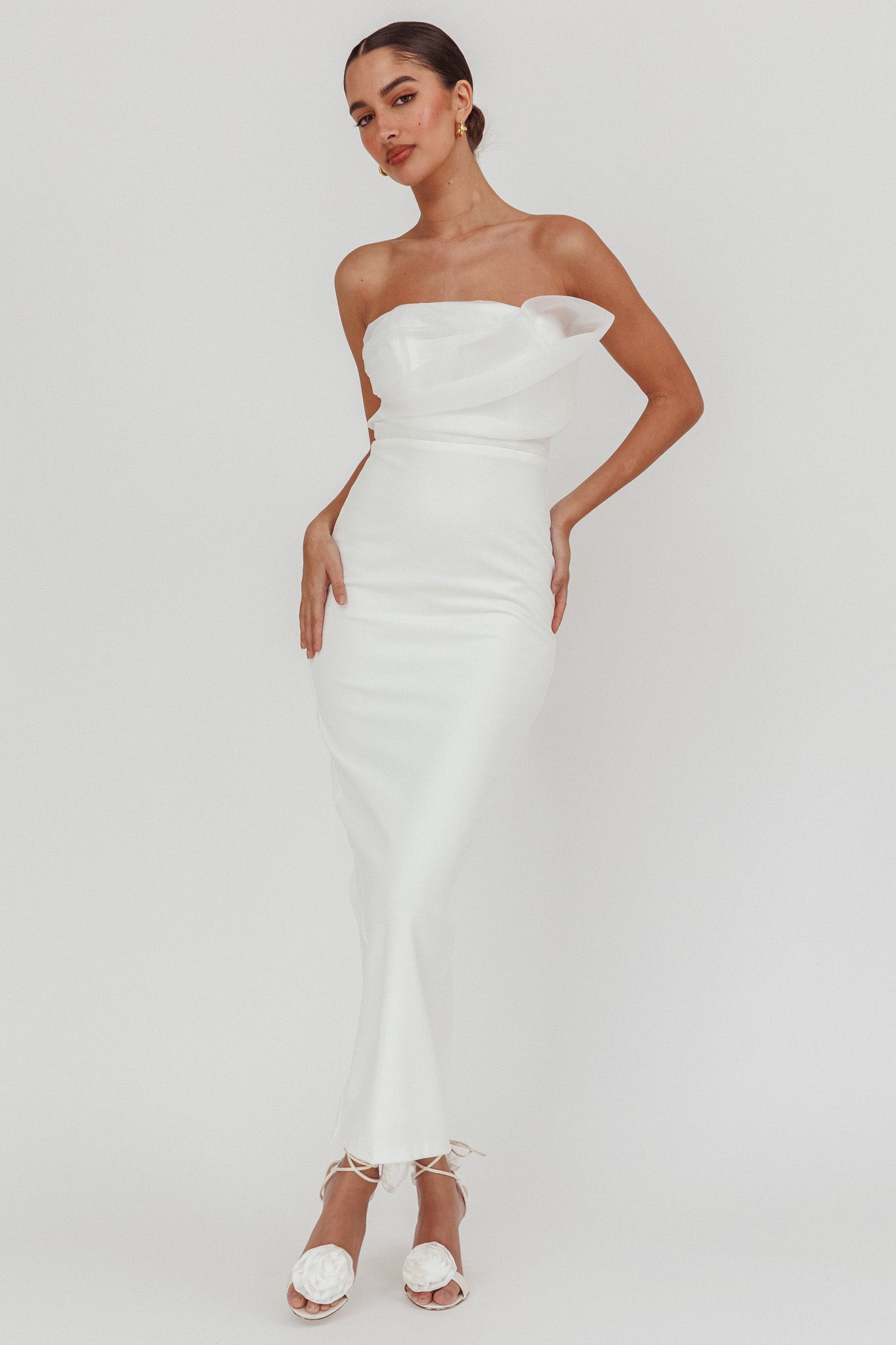 Karaline Strapless Bust Accent Maxi Dress White-Maymioy