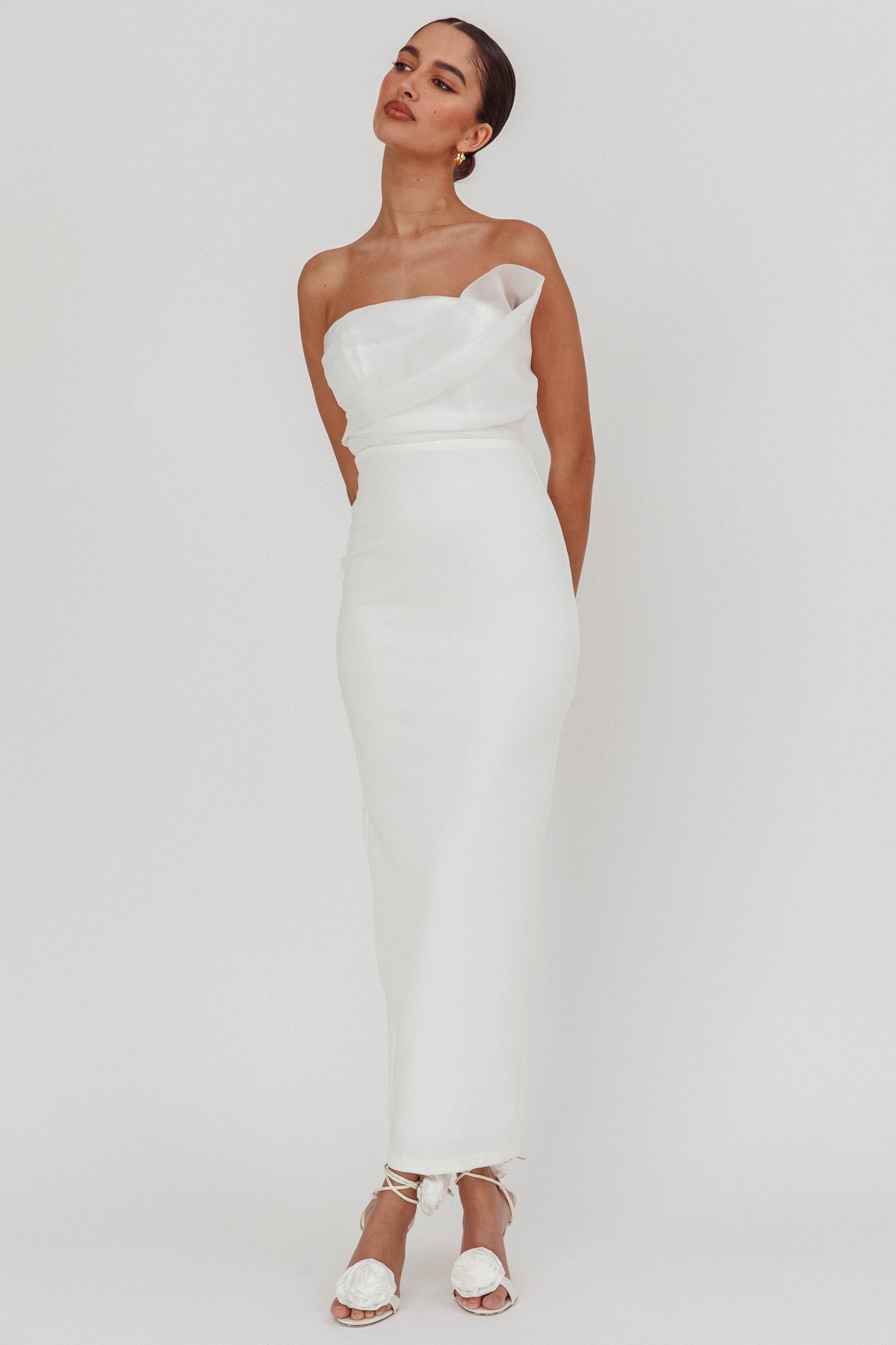 Karaline Strapless Bust Accent Maxi Dress White-Maymioy