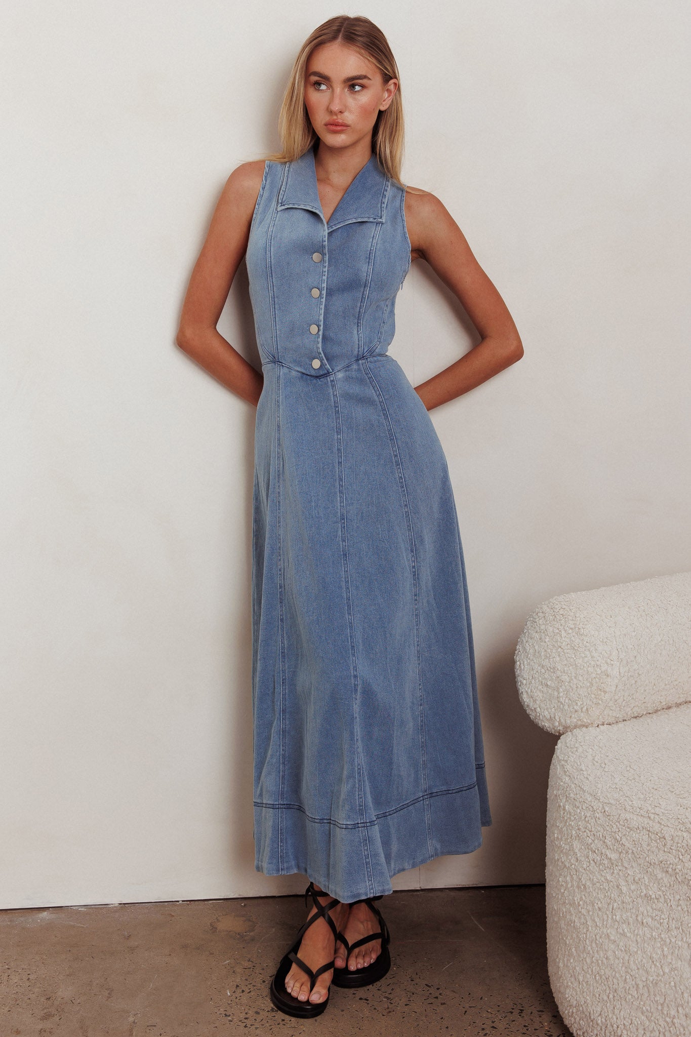 Entertain Me Sleeveless A-Line Maxi Dress Denim Blue-Maymioy