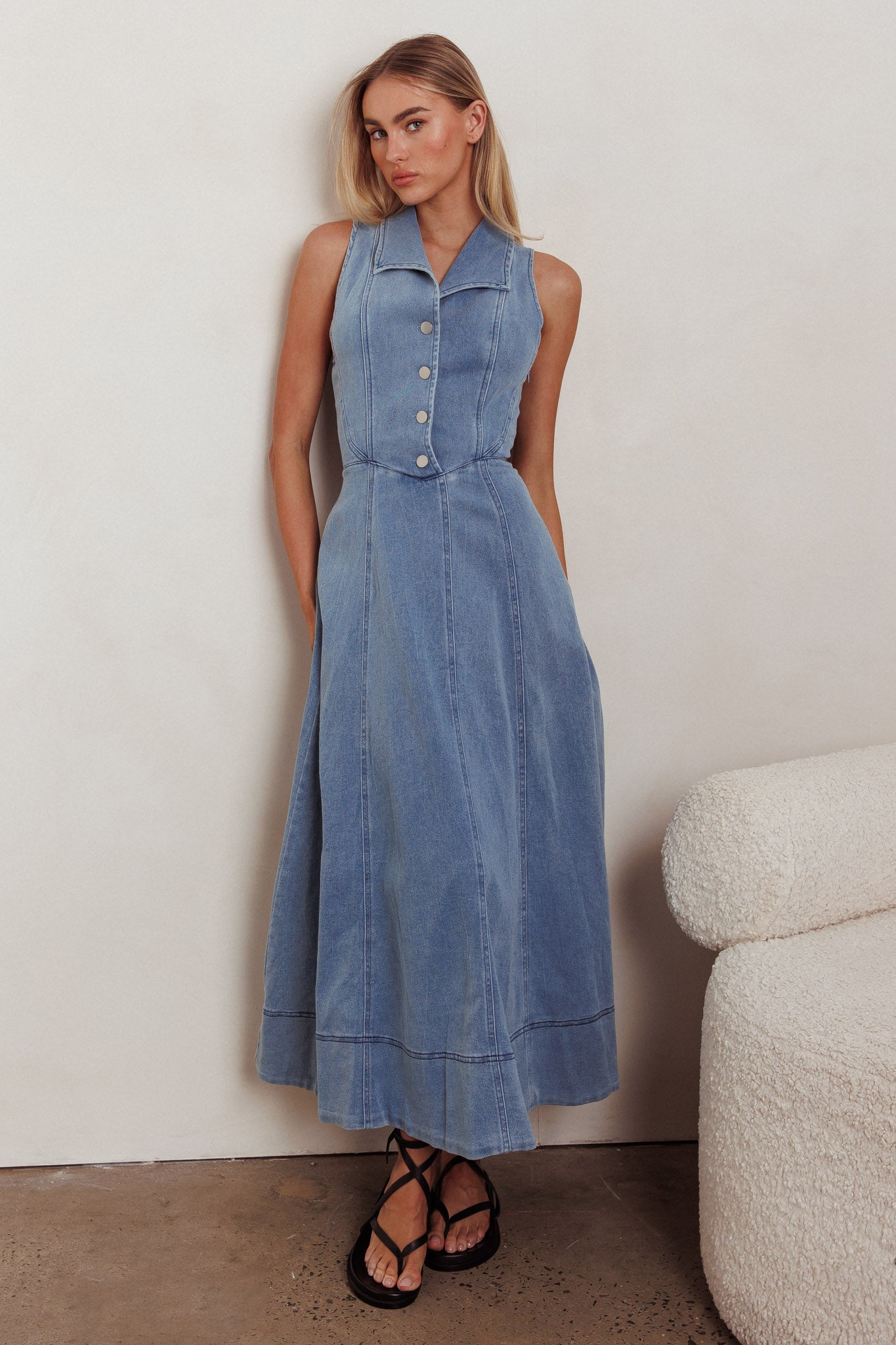 Entertain Me Sleeveless A-Line Maxi Dress Denim Blue-Maymioy