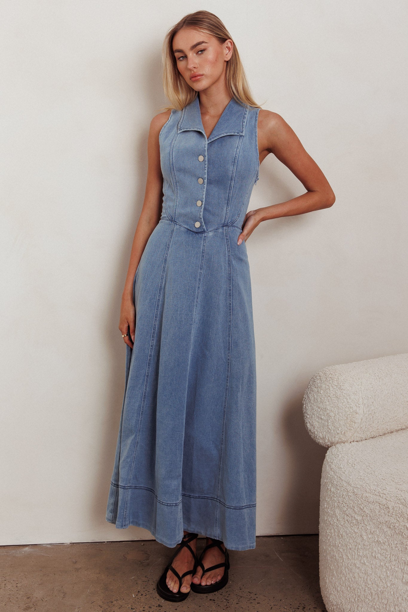Entertain Me Sleeveless A-Line Maxi Dress Denim Blue-Maymioy