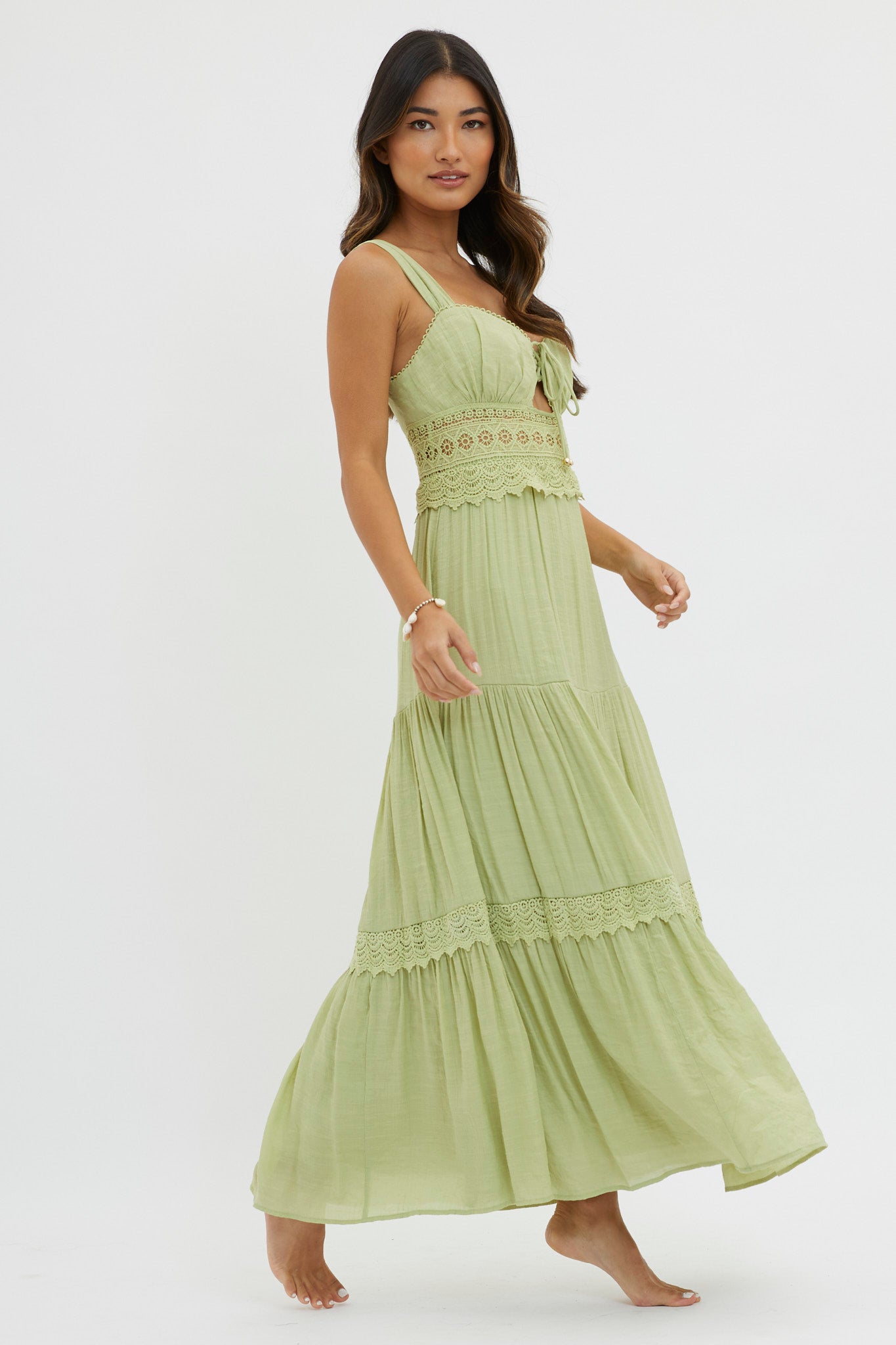 Libby Crochet Lace Waist Maxi Dress Green-Maymioy