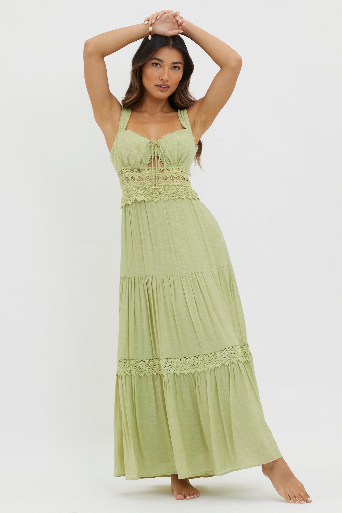 Libby Crochet Lace Waist Maxi Dress Green-Maymioy