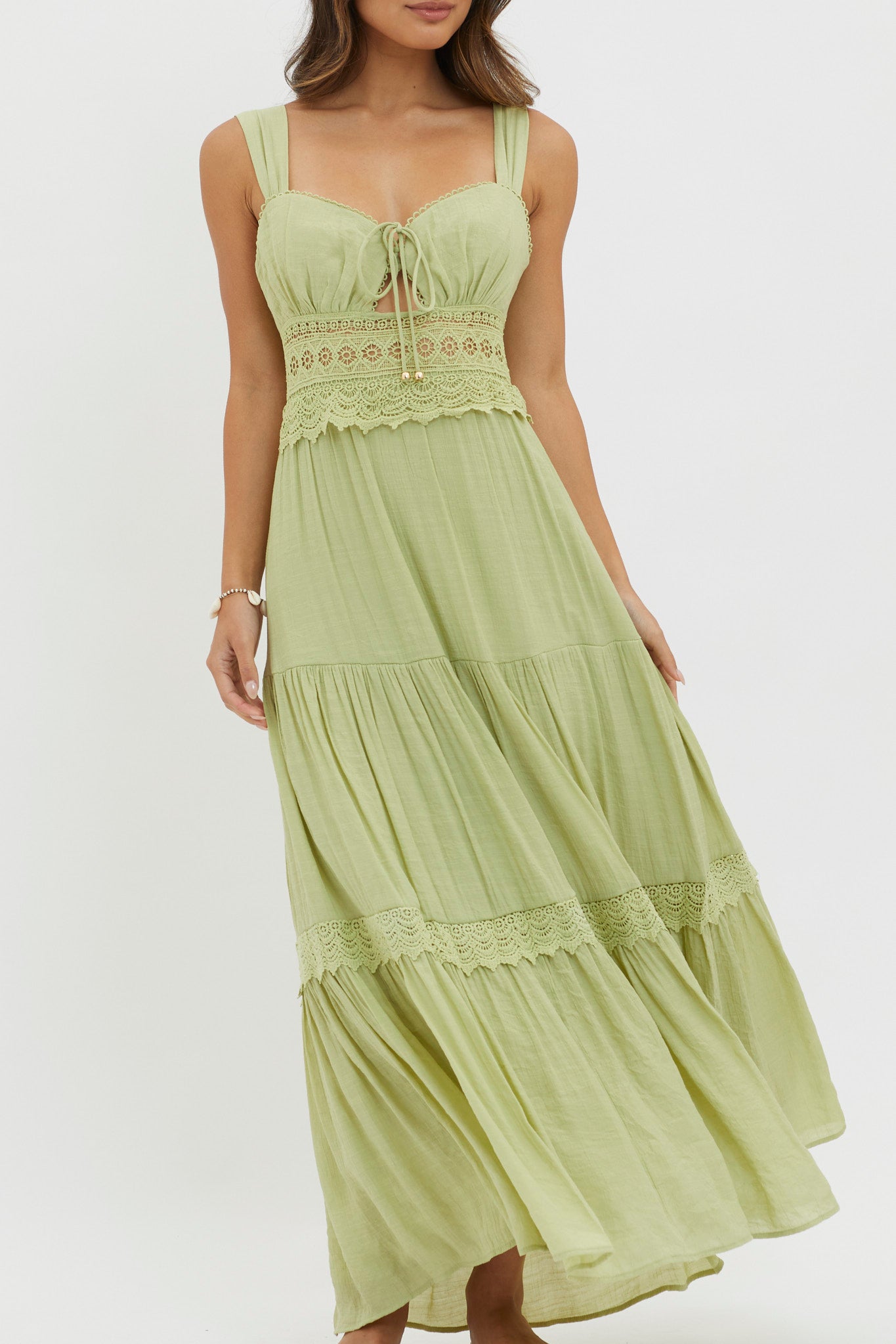 Libby Crochet Lace Waist Maxi Dress Green-Maymioy