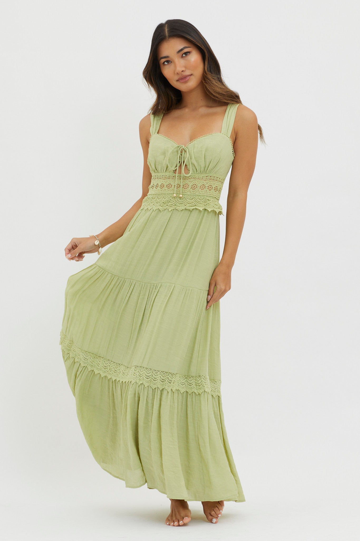 Libby Crochet Lace Waist Maxi Dress Green-Maymioy