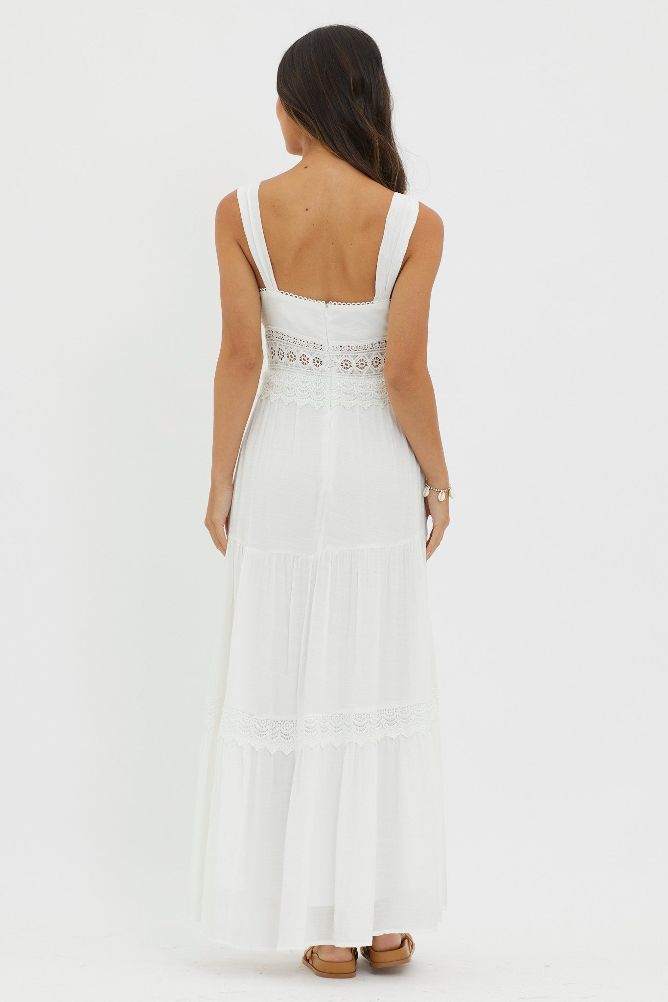 Libby Crochet Lace Waist Maxi Dress Off White-Maymioy