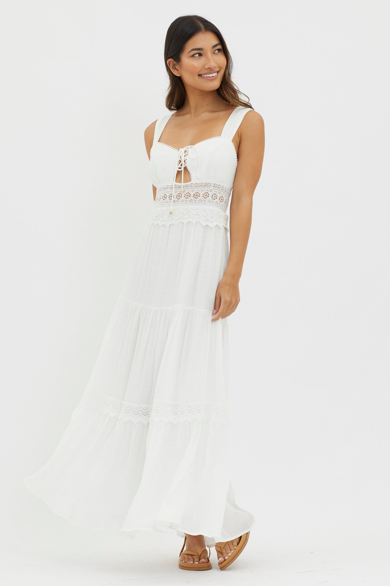 Libby Crochet Lace Waist Maxi Dress Off White-Maymioy