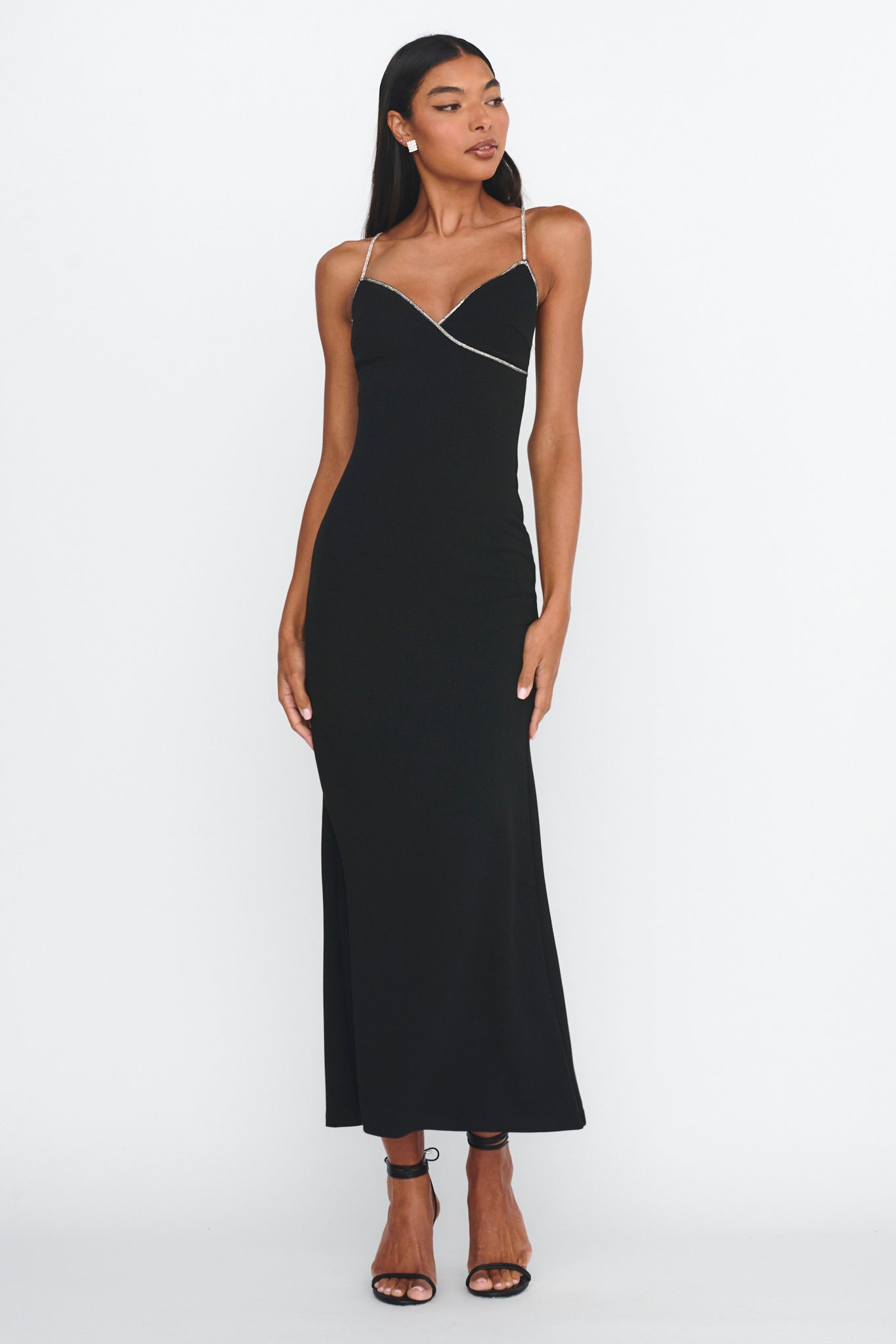 Harleigh Diamante Strap Tied Back Dress Black-Maymioy