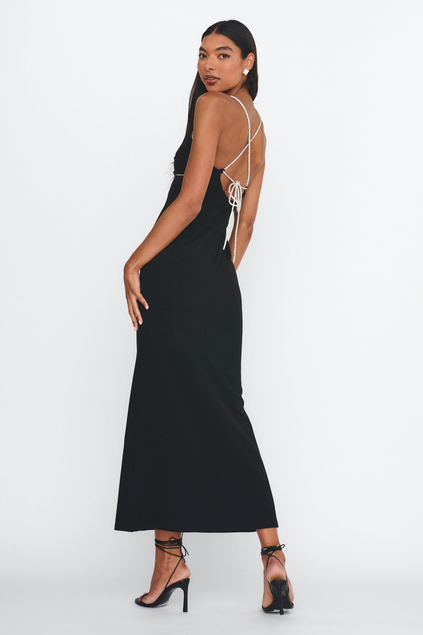Harleigh Diamante Strap Tied Back Dress Black-Maymioy