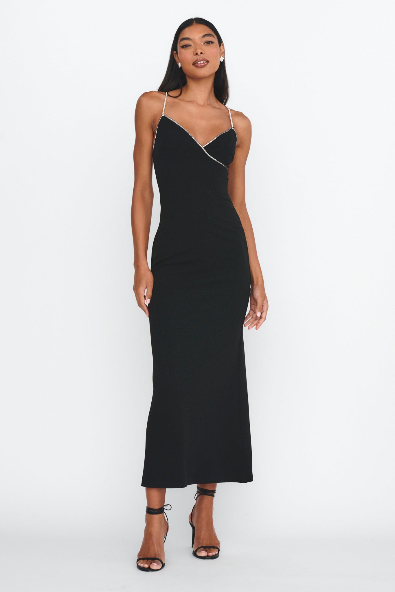 Harleigh Diamante Strap Tied Back Dress Black-Maymioy