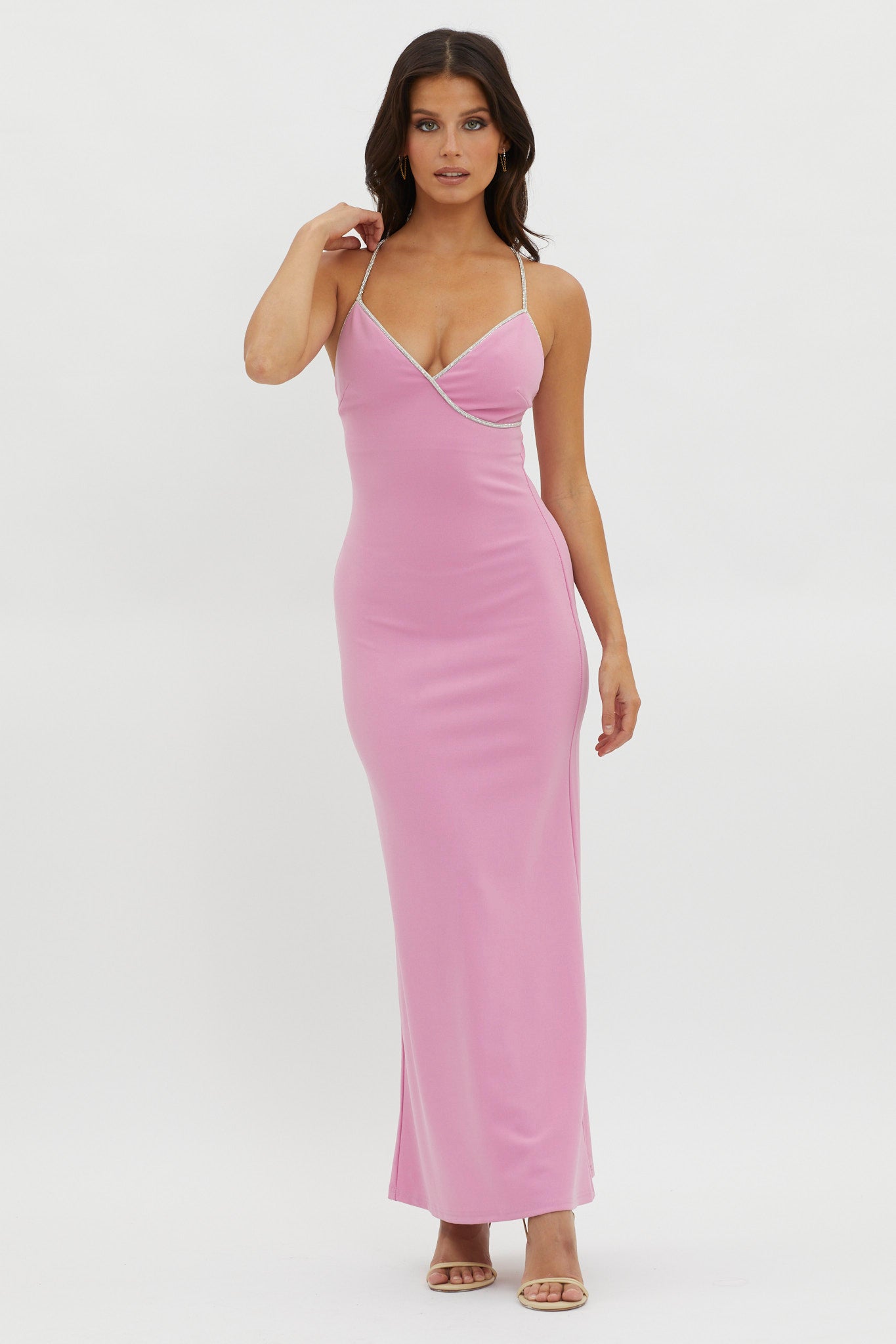 Harleigh Diamante Strap Tied Back Dress Pink-Maymioy